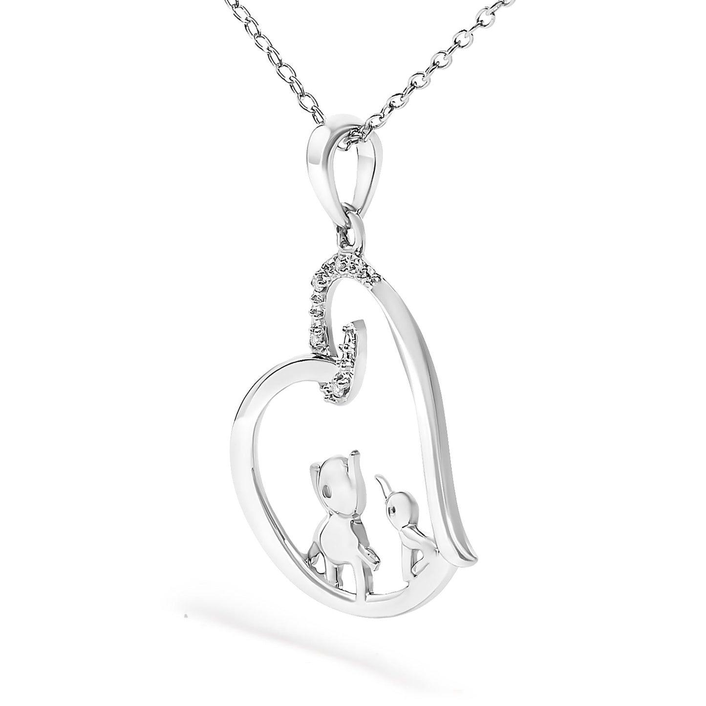 .925 Sterling Silver Double Elephant Diamond Accent Heart Pendant Necklace - Size 18 Inches (J-K Color, I2-I3 Clarity)