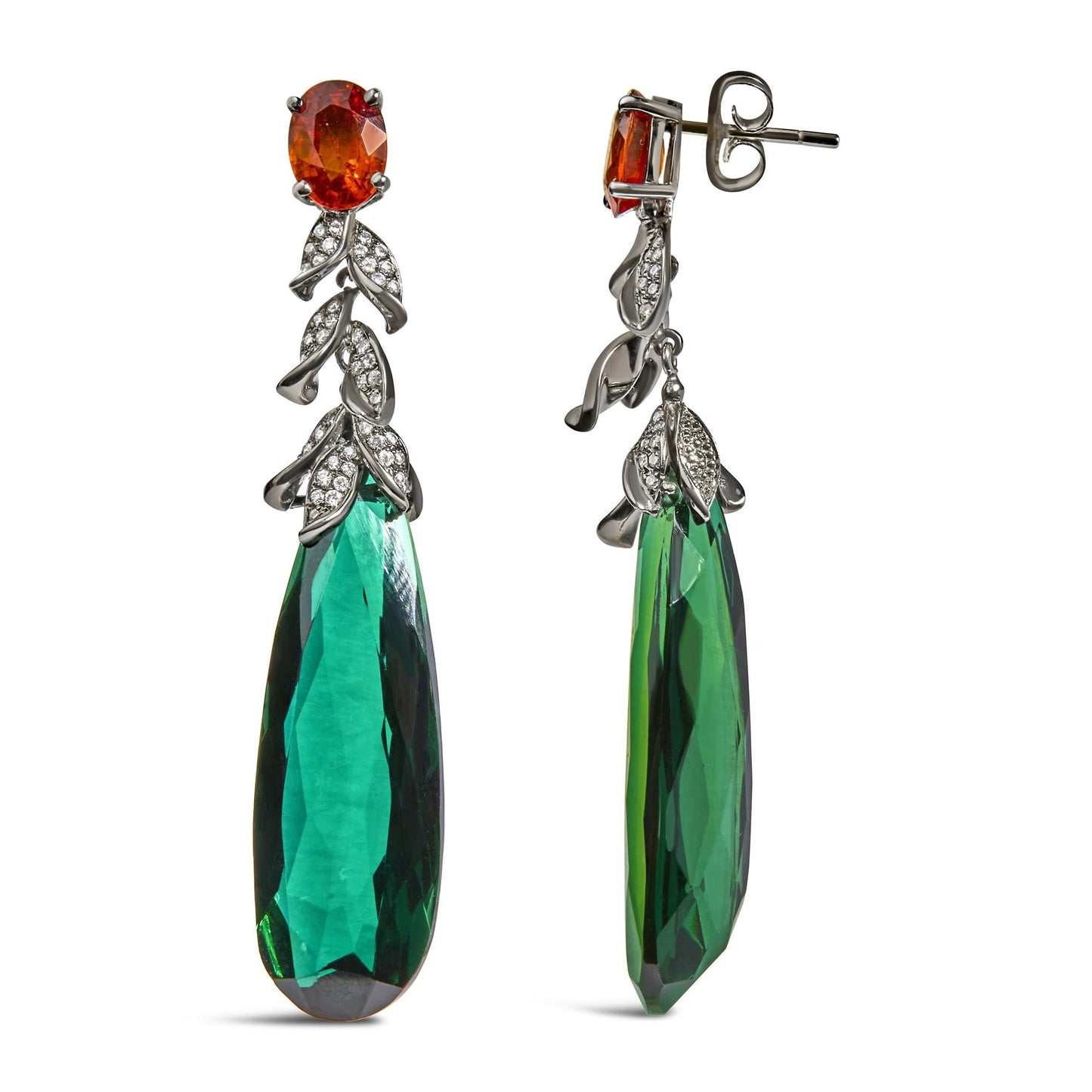 18K White Gold 1/2 Cttw Diamond and Green Quartz Art Deco Inspired 2 1/3" Inch Drop and Dangle Earrings (F-G Color, VS1-VS2 Clarity)