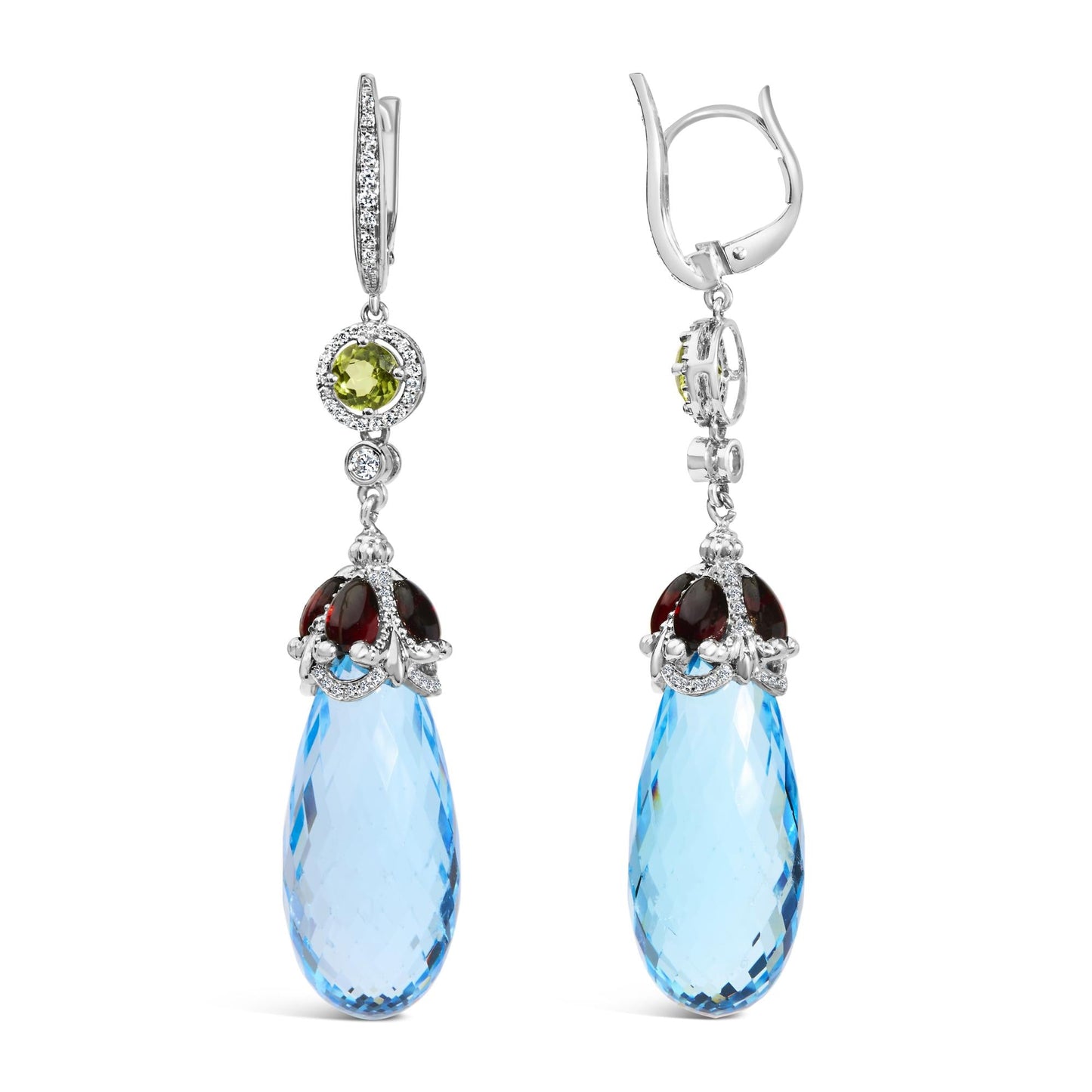 18K White Gold 1/2 Cttw Diamond and 22mm Blue Topaz and Garnet Drop and Dangle Earrings (F-G Color, VS1-VS2 Clarity)