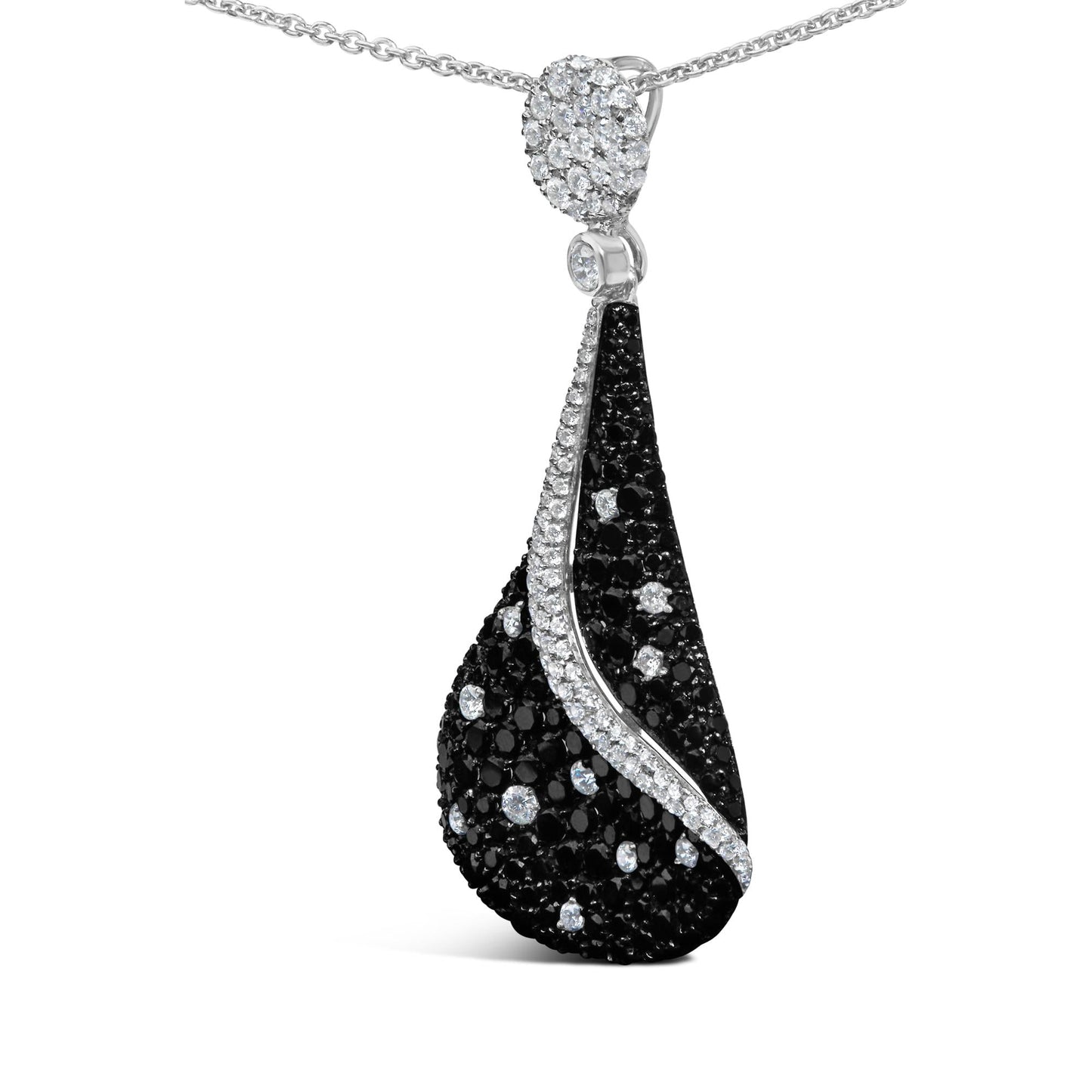 18K White Gold 6 1/3 Cttw Pave Set Black and White Diamond Teardrop Pendant Necklace (F-G Color, VS1-VS2 Clarity)