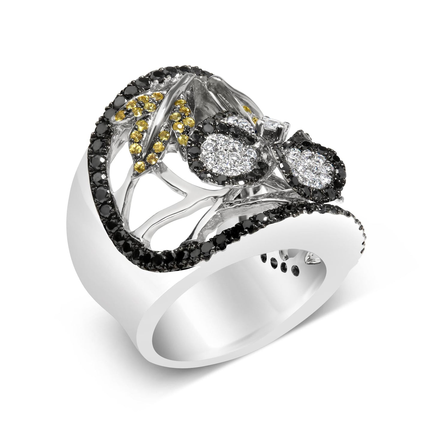 14K White Gold 2 3/5 Cttw Black and White Diamond and Yellow Sapphire Floral Cocktail Ring Band (H-I Color, SI1-SI2 Clarity) - Ring Size 7