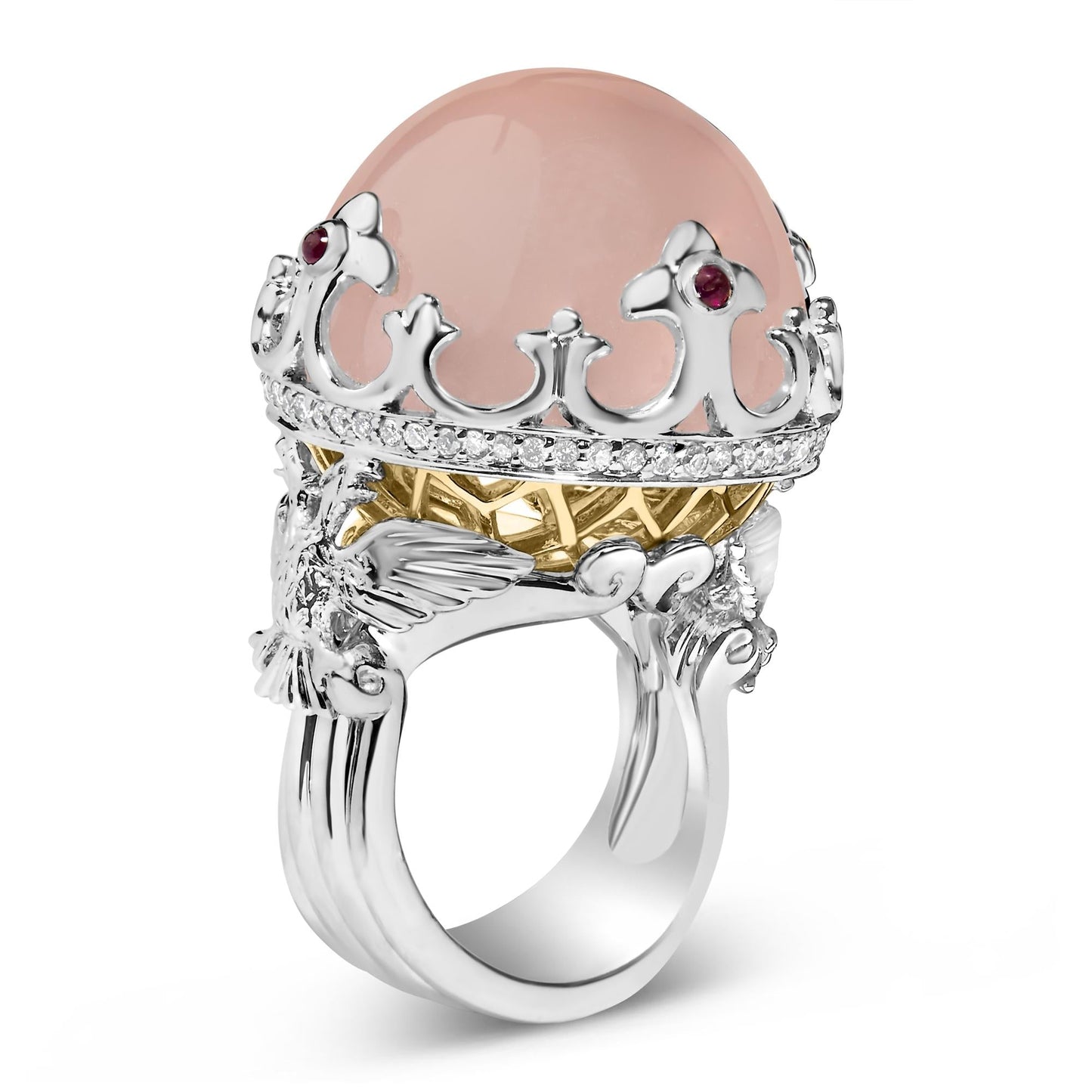 14K White Gold Pink Quartz Crystal Ball and  Diamond and Ruby Crown Shaped Cocktail Ring (F-G Color, SI1-SI2 Clarity) - Ring Size 7