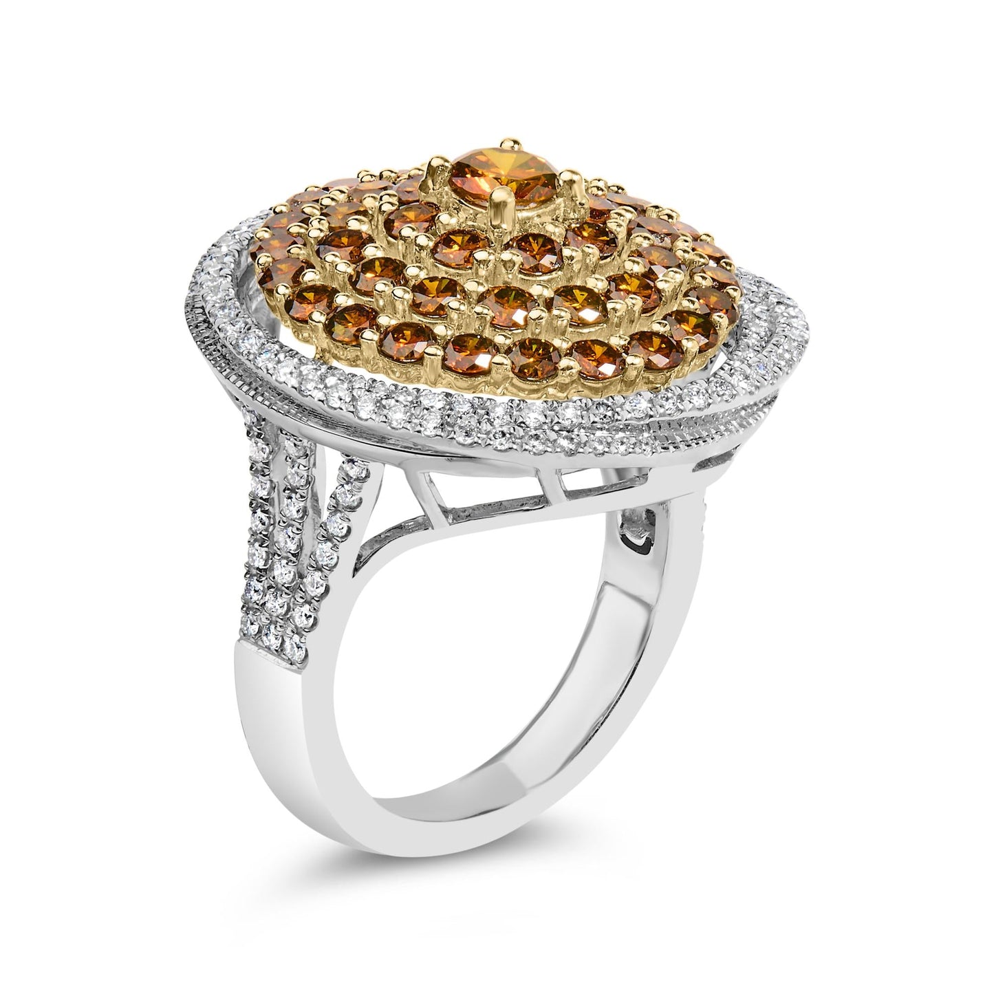 14K White Gold 3.00 Cttw Orange Brown Diamond Halo Swirl Cocktail Ring (F-G Color, VS1-VS2 Clarity) - Ring Size 7