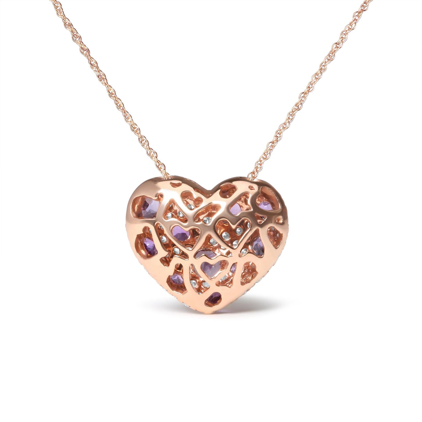 18K Rose Gold 3/4 Cttw Diamond and Purple Amethyst Cluster Heart Shape 18" Pendant Necklace (G-H Color, SI1-SI2 Clarity)