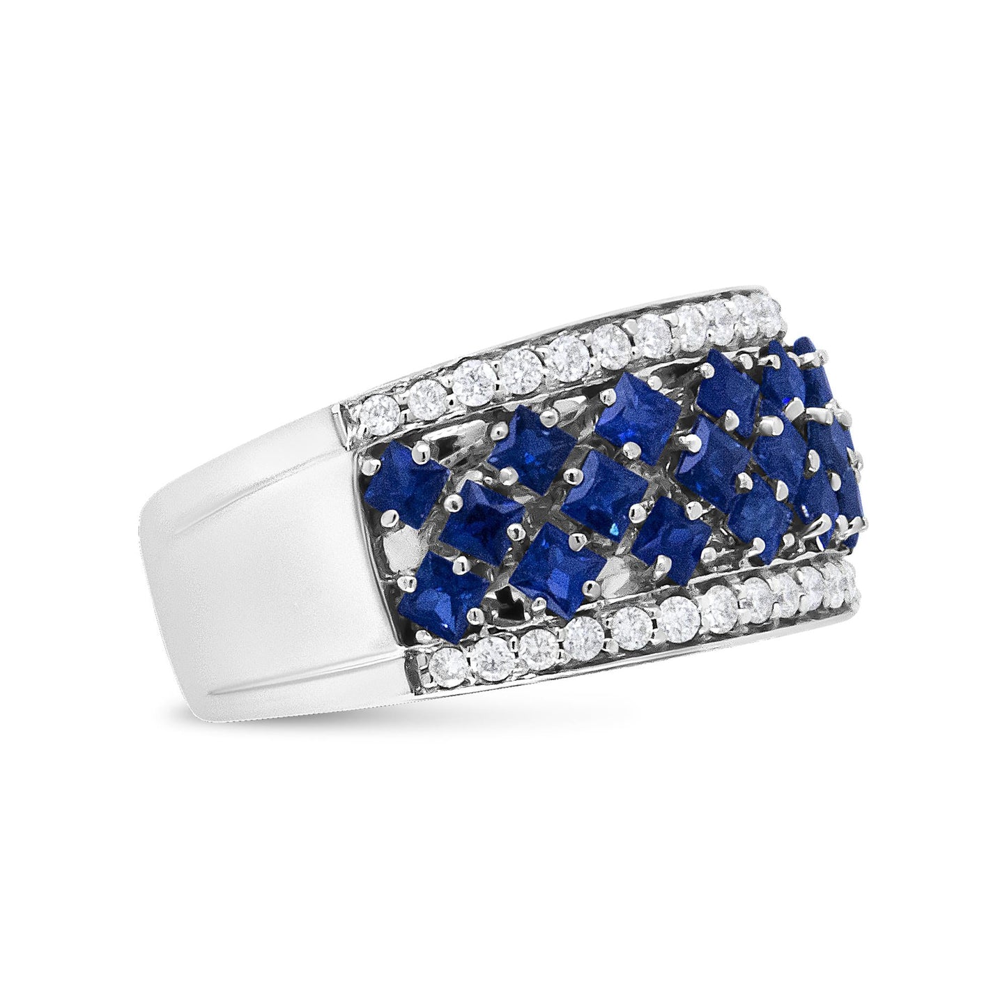 18K White Gold 3/8 Cttw Diamond and 2x2mm Princess Cut Blue Sapphire Fashion Band Ring (F-G Color, VS1-VS2 Clarity)