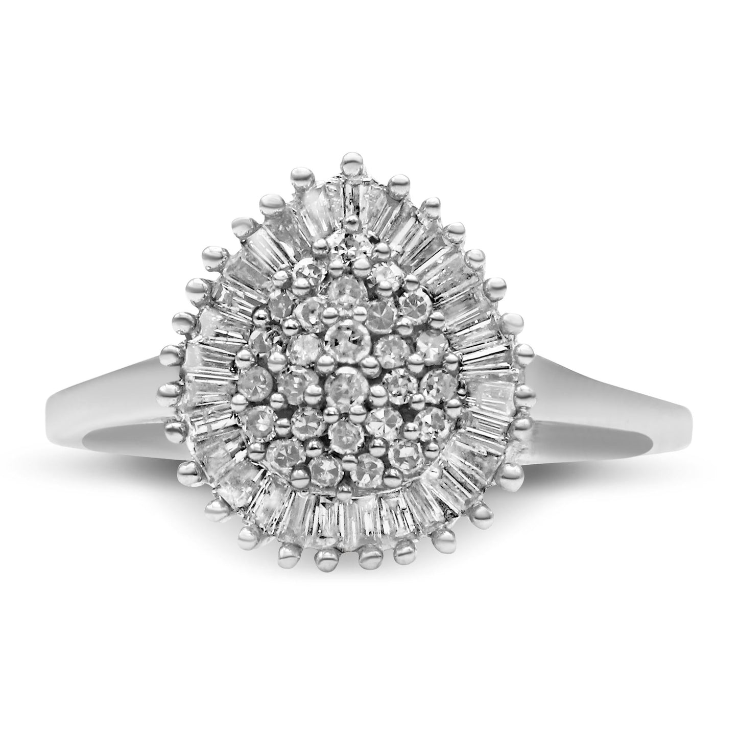 10K White Gold 1/2 Cttw Round & Baguette Cut Diamond Pear Shaped Domed Pavé Cluster with Halo Cocktail Ring (H-I Color, SI1-SI2 Clarity)