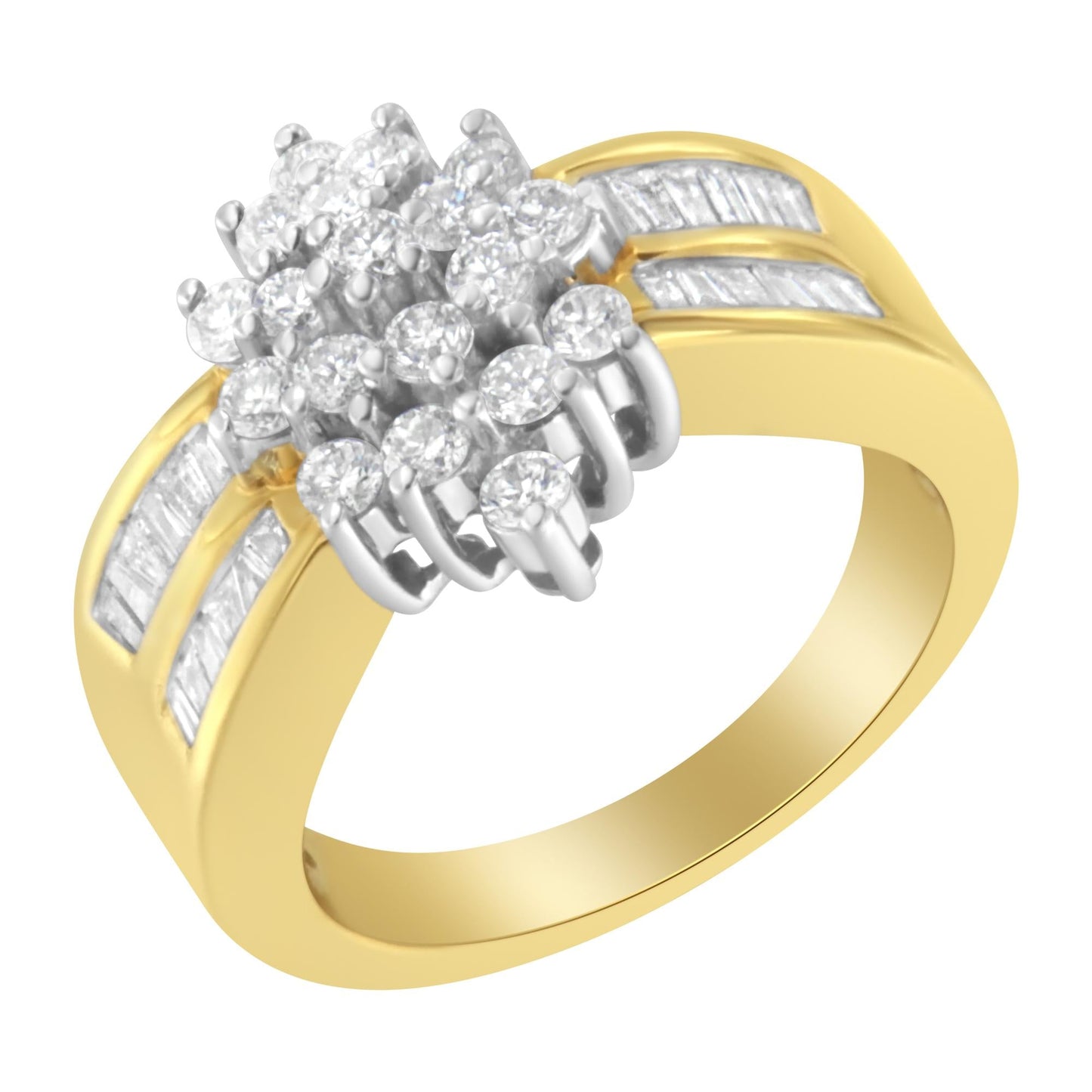 14K Yellow Gold 1.0 Cttw Round & Baguette Cut Diamond Floral Cluster Double-Channel Flared Band Cocktail Statement Ring (H-I Color, SI2-I1 Clarity)