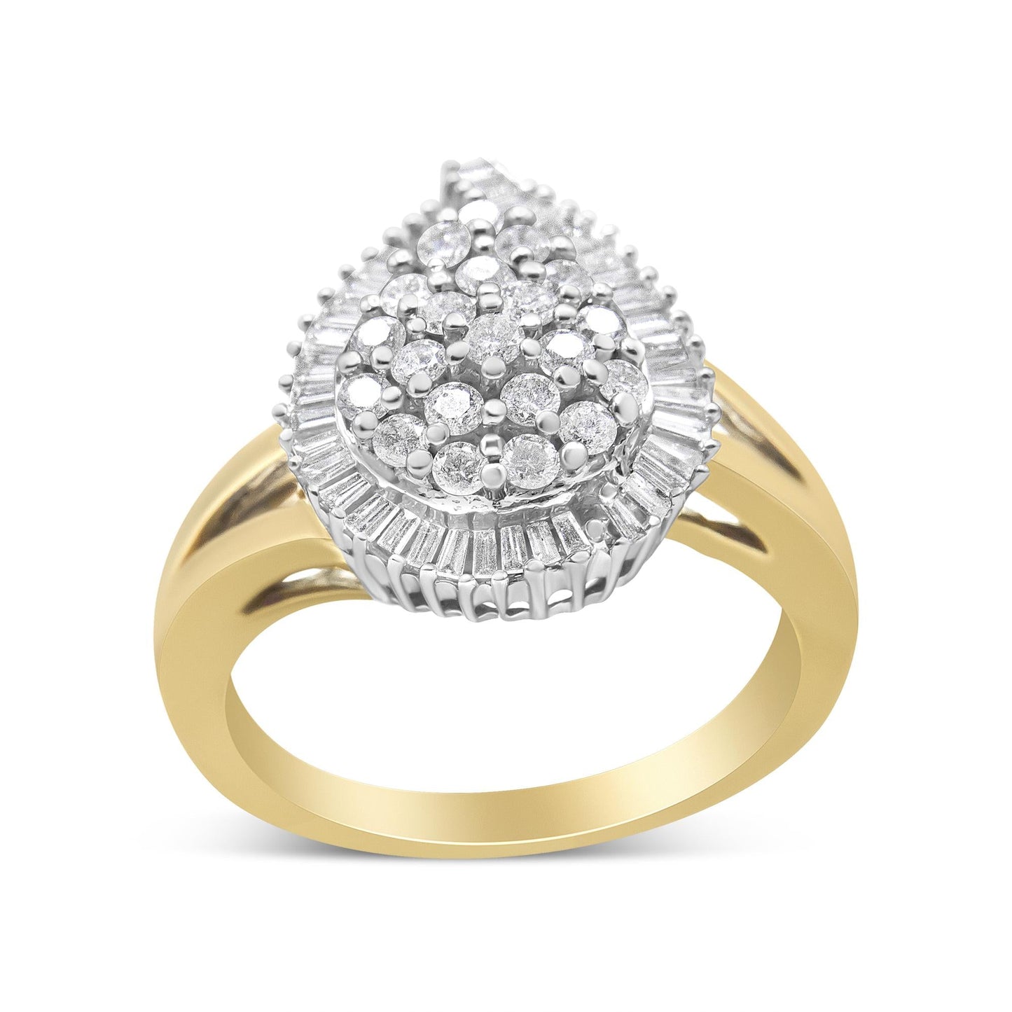 14K Yellow and White Gold 1.00 Cttw Round and Baguette-Cut Diamond Ballerina Cocktail Ring (H-I Color, SI2-I1 Clarity)