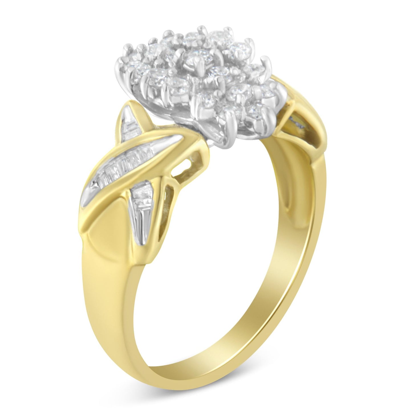 10K Two-Toned Round Baguette Diamond Cluster Ring (1/2 Cttw, I-J Color, I2-I3 Clarity)