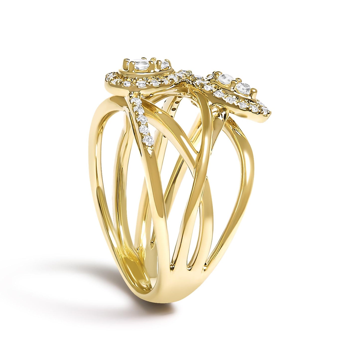 10K Yellow Gold 1/2 Cttw Diamond Crossover 3 Leaf Floral Cocktail Ring Band (H-I Color, SI1-SI2 Clarity)