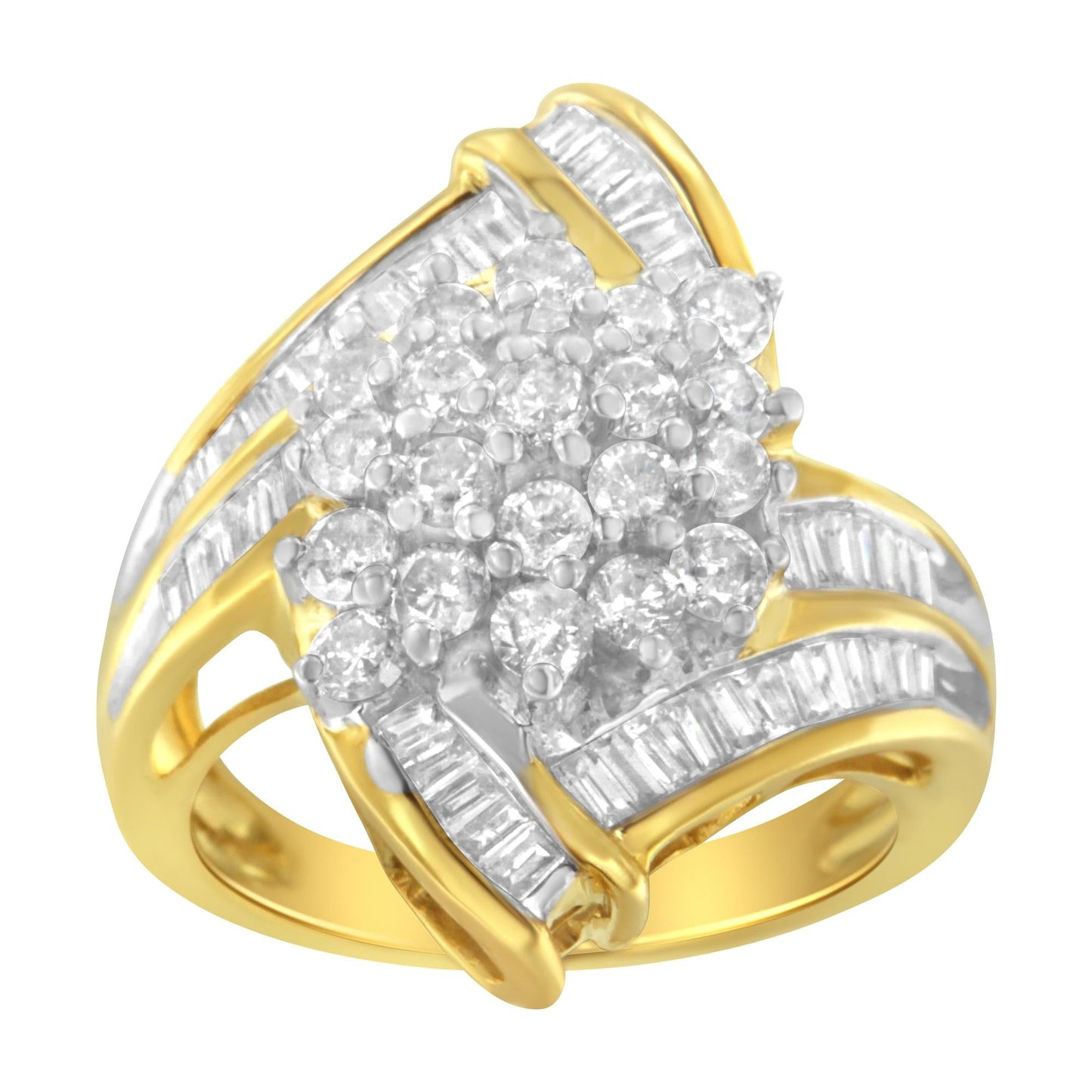 10K Yellow Gold Round and Baguette Diamond Swirl Ring (2.0 Cttw, J-K Color, I2 Clarity)