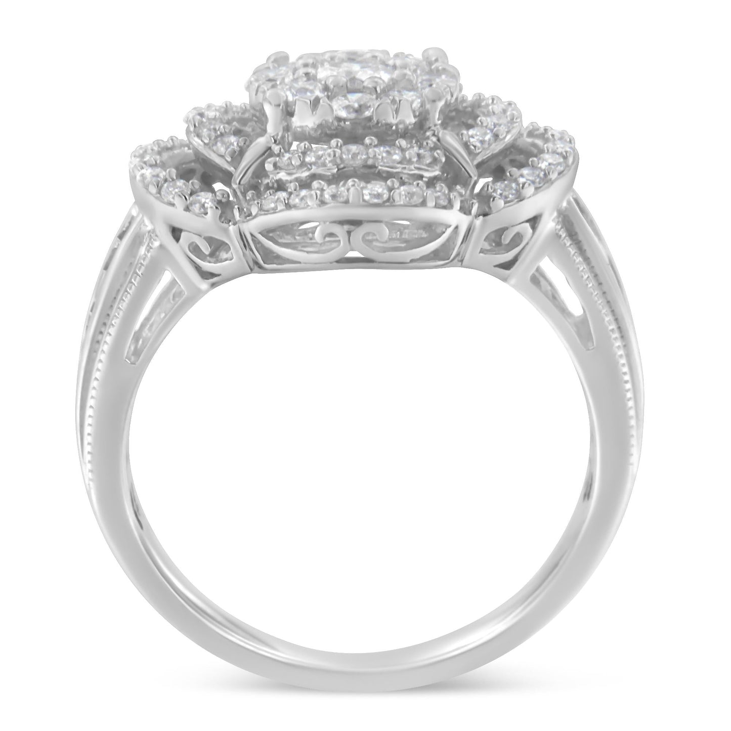 14K White Gold 1.0 Cttw Round & Baguette Cut Diamond Floral Cluster Quatrefoil Channel Set Band Cocktail Statement Ring (H-I Color, SI2-I1 Clarity)