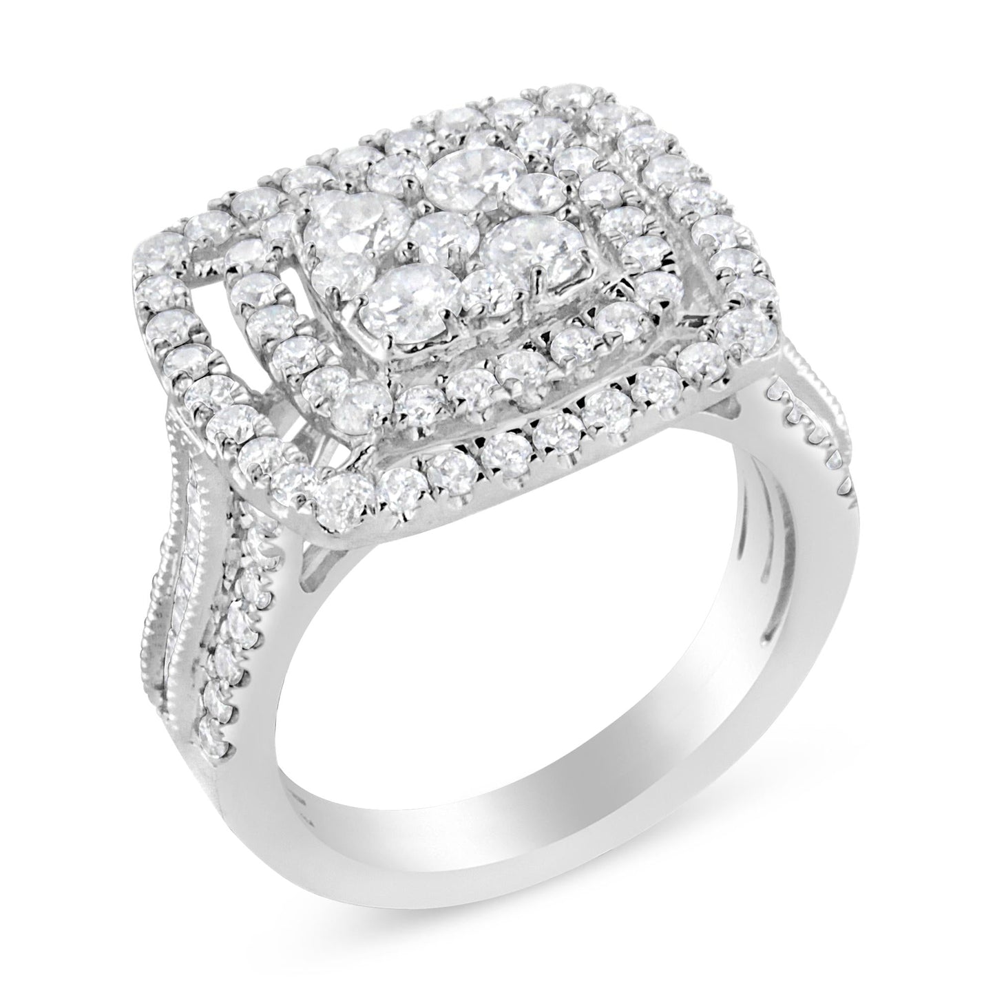 10K White Gold 2 Cttw Brilliant Round-Cut and Baguette Diamond Halo and Cluster Ring (I-J Color, I1-I2 Clarity)