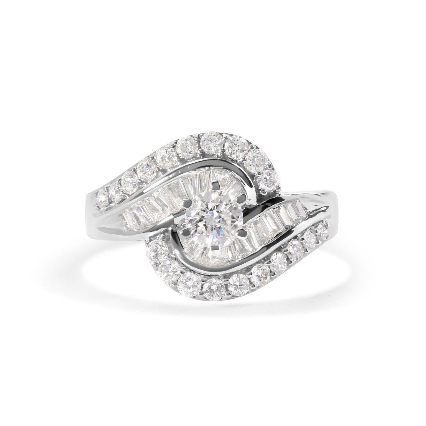 14K White Gold 1.00 Cttw Round and Baguette cut Diamond Swirl Cocktail Ring (H-I Color, SI2-I1 Clarity)