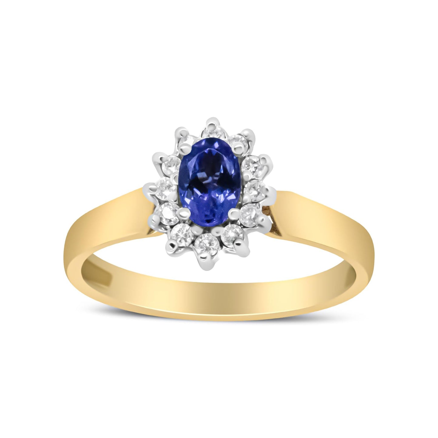 14K Yellow Gold 1/5 Cttw Round Diamond and 6x4mm Oval Blue Tanzanite Halo Ring (H-I Color, I1-I2 Clarity)