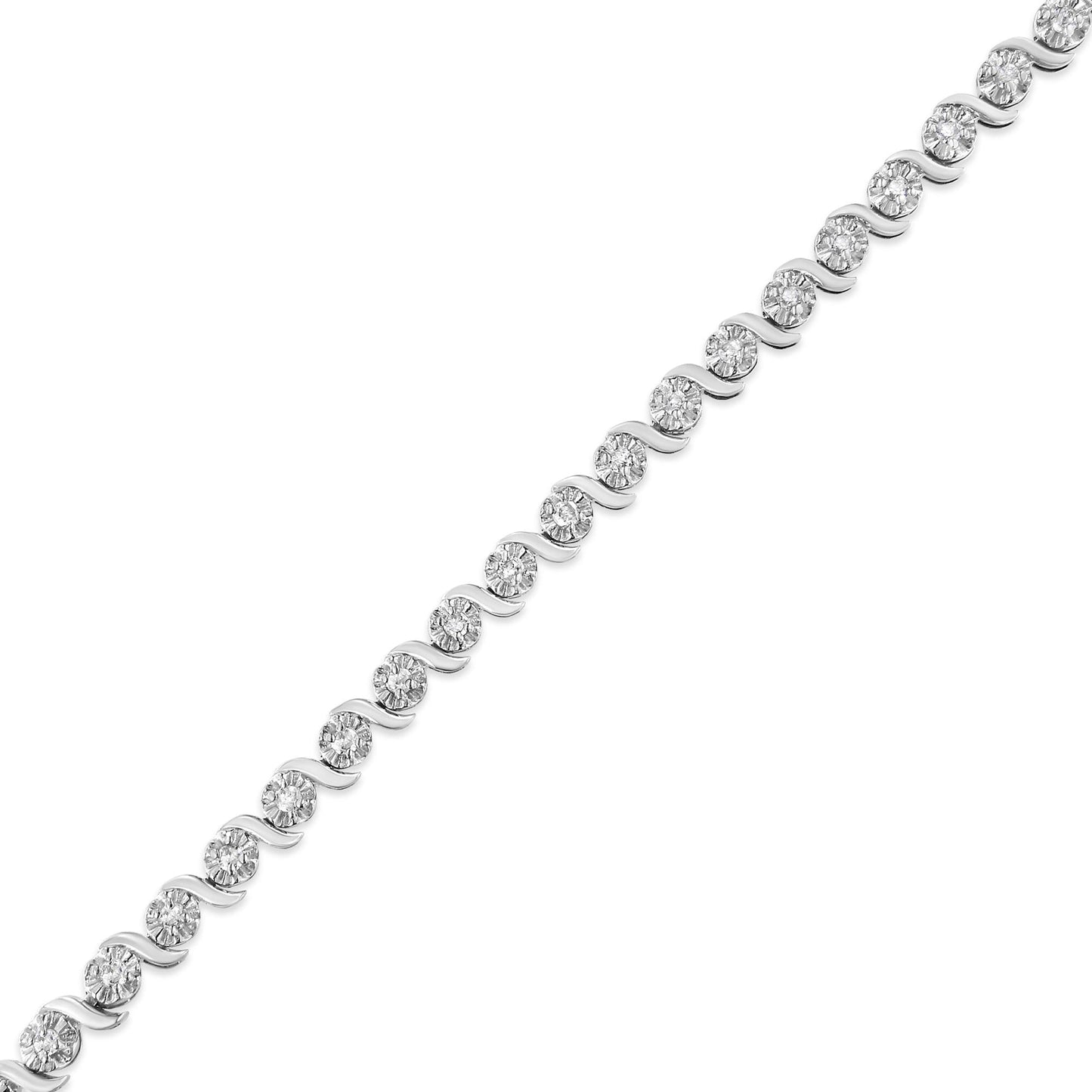 .925 Sterling Silver 1.0 Cttw Diamond Spiral Wave Curved-Link 7" Tennis Bracelet (I-J Color, I3 Clarity)