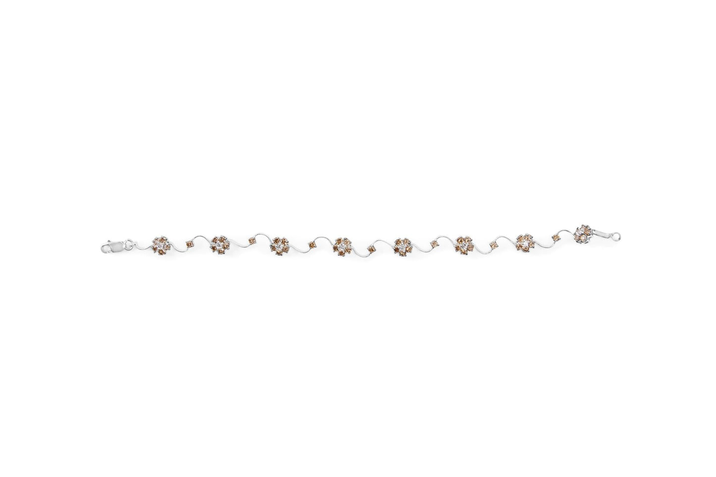 10K White Gold 4.0 Cttw Champagne and White Diamond Floral Cluster and Station Link Bracelet (H-I Color, SI2-I1 Clarity) - 7" Inches