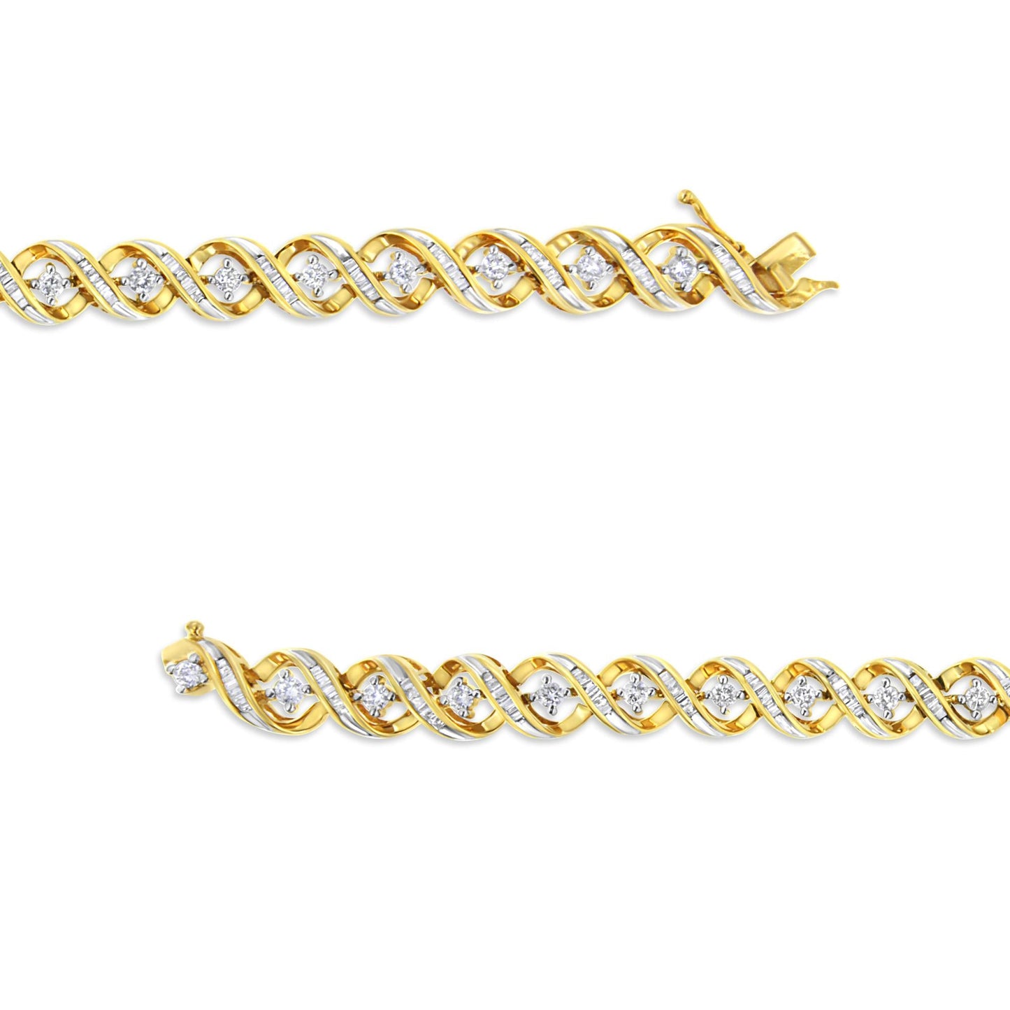 14K Yellow and White Gold 3.0 Cttw Round and Baguette-Cut Diamond Infinity Swirl Link Bracelet (H-I Color, I2-I3 Clarity) - 7"