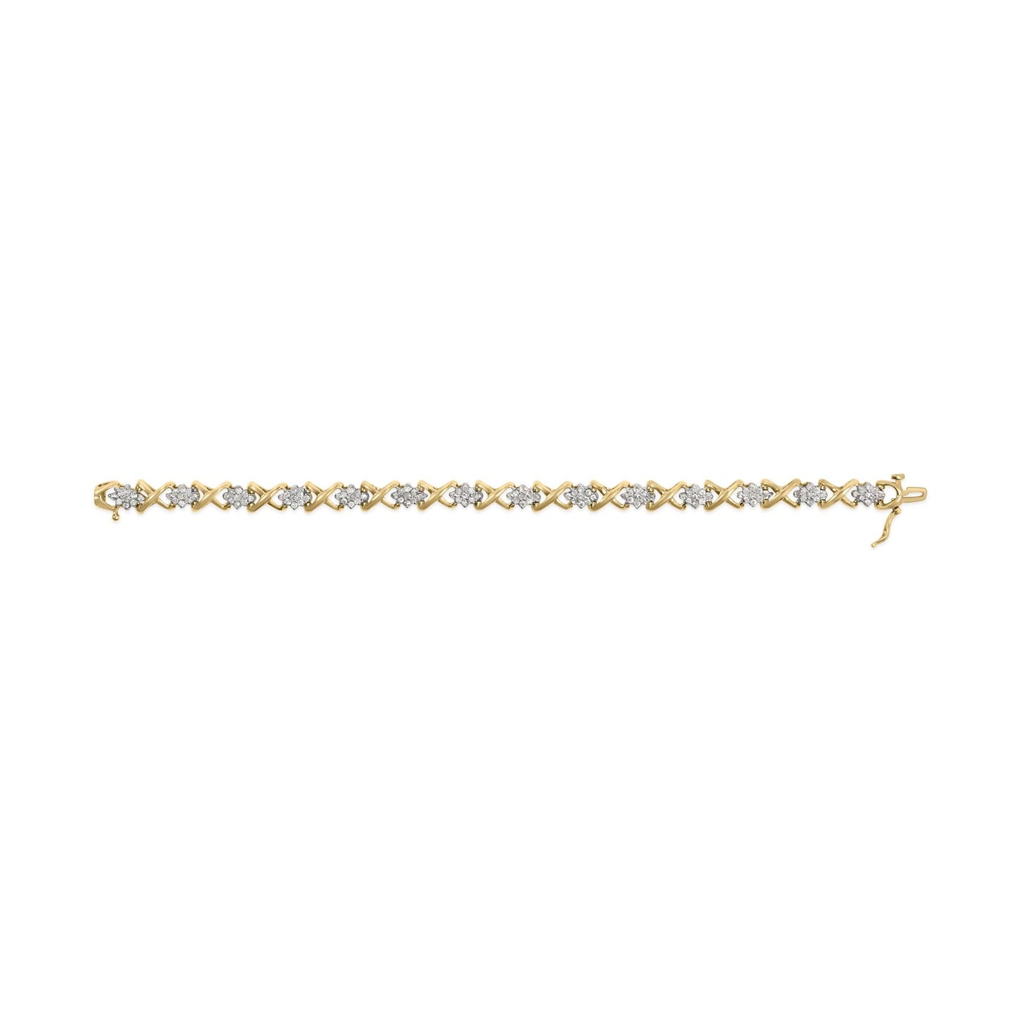 10k Yellow Gold 2.00 Cttw Diamond Cluster and Alternating "X" Link Bracelet (I-J Color, I3 Clarity) - 7"