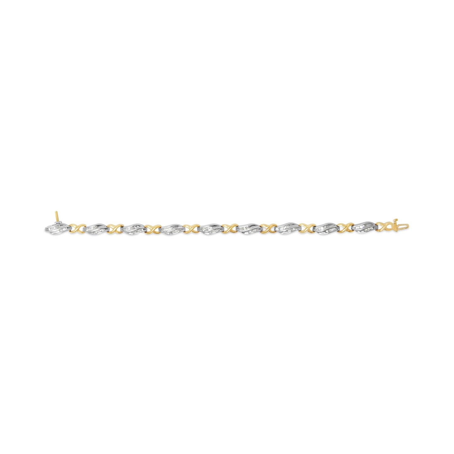 10K Two Tone Gold 1.00 Cttw Channel Set Baguette Diamond Chevron Wave Link 7" Bracelet (I-J Color, I2-I3 Clarity)