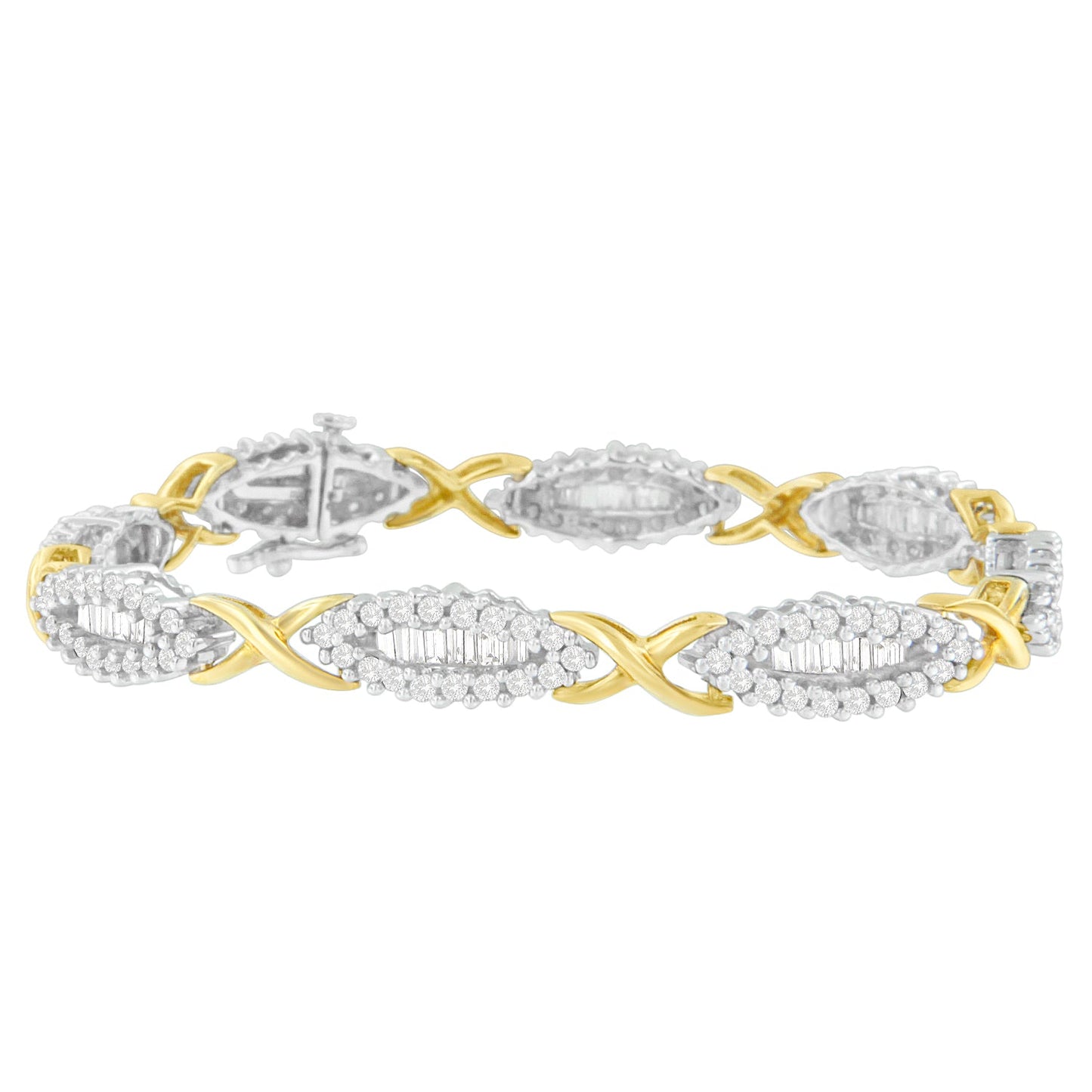 10K Two-Toned Round and Baguette-cut Diamond Bracelet (3 cttw, H-I Color, I2-I3 Clarity)