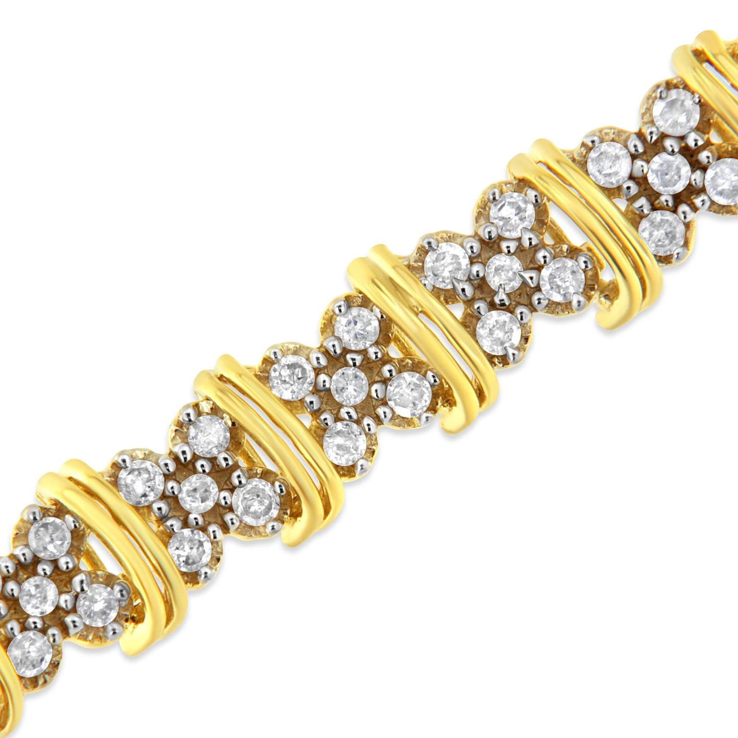 10K Yellow Gold Plated .925 Sterling Silver 2.0 Cttw Round Diamond Cluster "X" Shaped Link Bracelet (H-I Color, I3 Clarity) - 7"