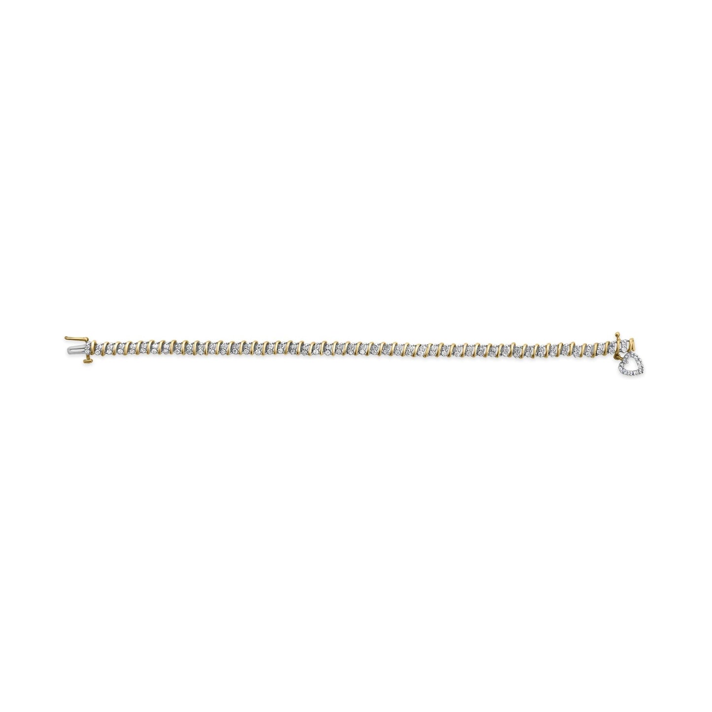 10K Yellow Gold 2.0 Cttw Diamond 2 Row Link and Heart Charm 7" Link Bracelet (I-J Color, I3 Clarity)