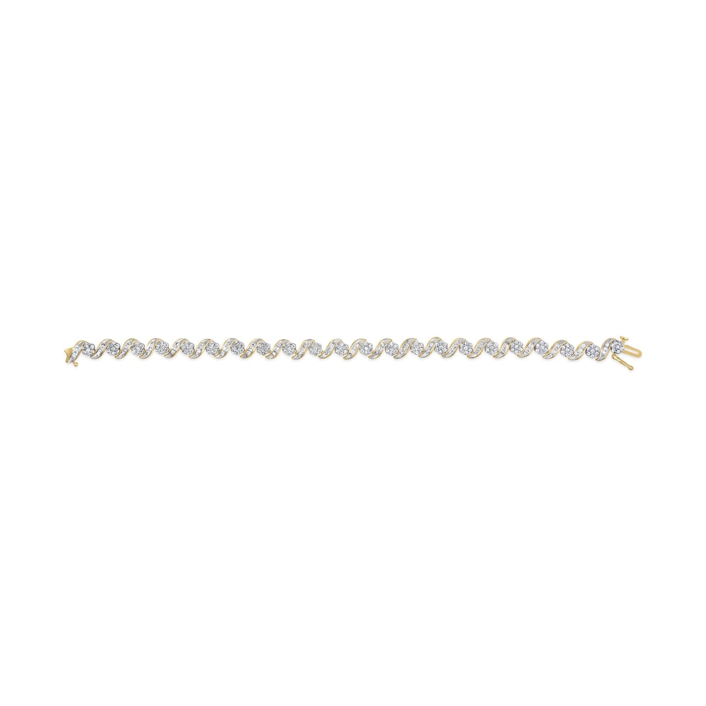 10k Yellow Gold 3.00 Cttw Round-Cut and Baguette-Cut Diamond Floral Link 7.50" Bracelet (J-K Color, I1-I2 Clarity)