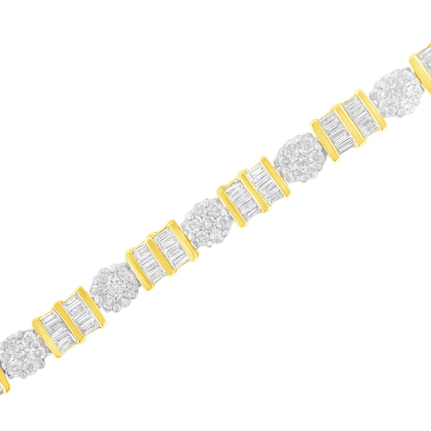 14K Gold 3-3/8 Cttw Round & Baguette-Cut Diamond Cluster Alternating Station 7" Tennis Bracelet (H-I Color, I1-I2 Clarity)