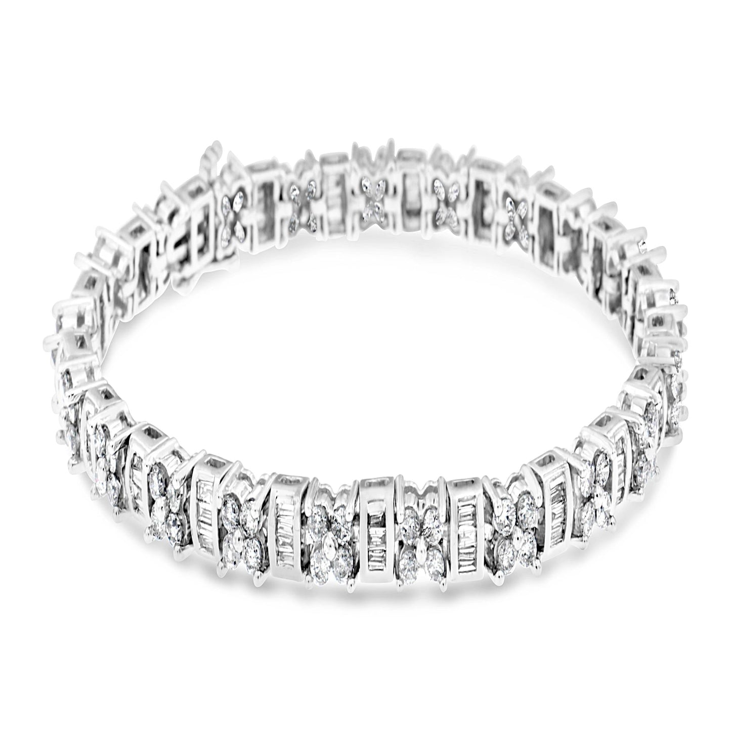 14K White Gold Round and Baguette Cut Floral Link Diamond Bracelet (4.00 cttw, H-I Color, SI2-I1 Clarity)