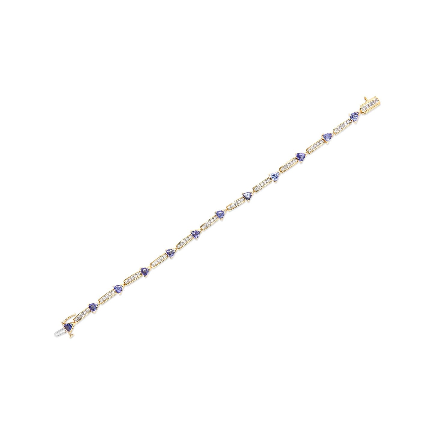 14K Yellow 5MM Trillion Cut Blue Tanzanite and 1 1/10 Cttw Diamond Tennis 7" Inches Bracelet (H-I Color, I1-I2 Clarity)