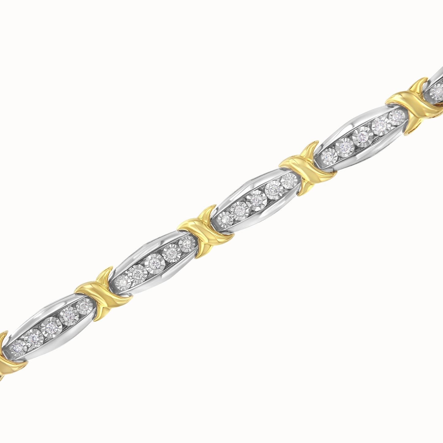 10K Yellow Gold Plated .925 Sterling Silver Two Tone 3/4 CttwDiamond X & O Link Tennis Bracelet (H-I Color, I1-I2 Clarity) - 7”