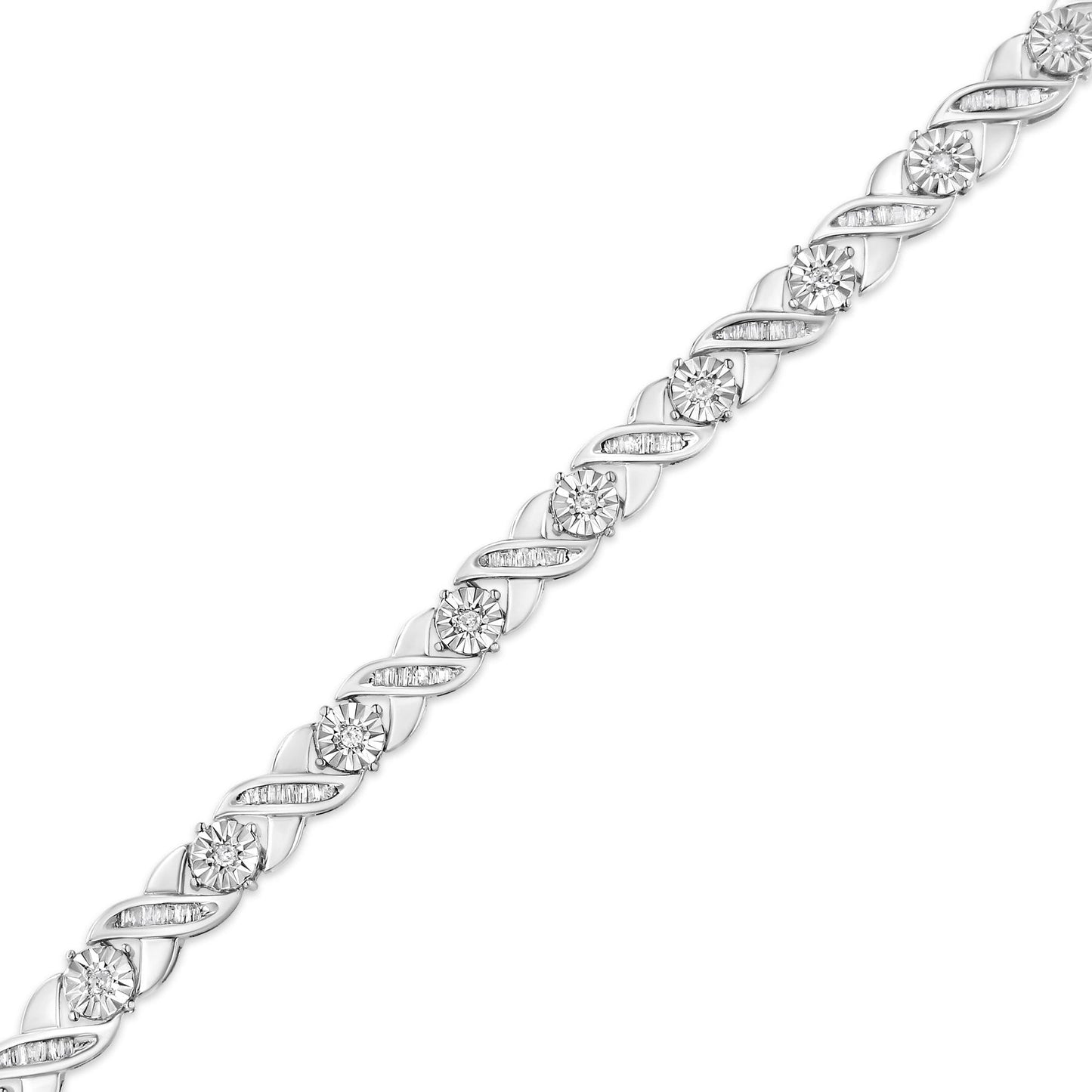 .925 Sterling Silver 1.0 Cttw Round-Brilliant and Baguette Cut Diamond Miracle-Set X-Link 7" Tennis Bracelet (I-J Color, I2-I3 Clarity)