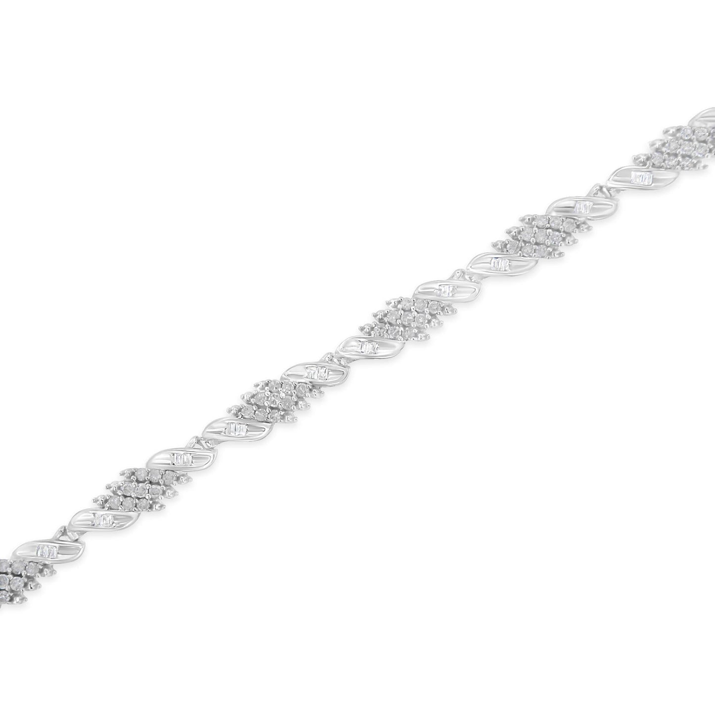 .925 Sterling Silver 1-1/2 Cttw Round and Baguette Cut Diamond Wave Link Bracelet (I-J Color, I2-I3 Clarity) - 7"