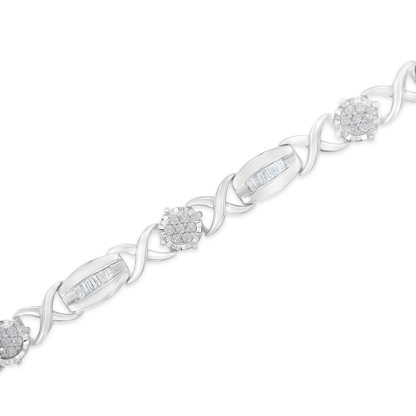 .925 Sterling Silver 1.0 Cttw Round-Cut and Baguette-Cut Diamond X-Link Bracelet (I-J Color, I1-I2 Clarity) - 7"