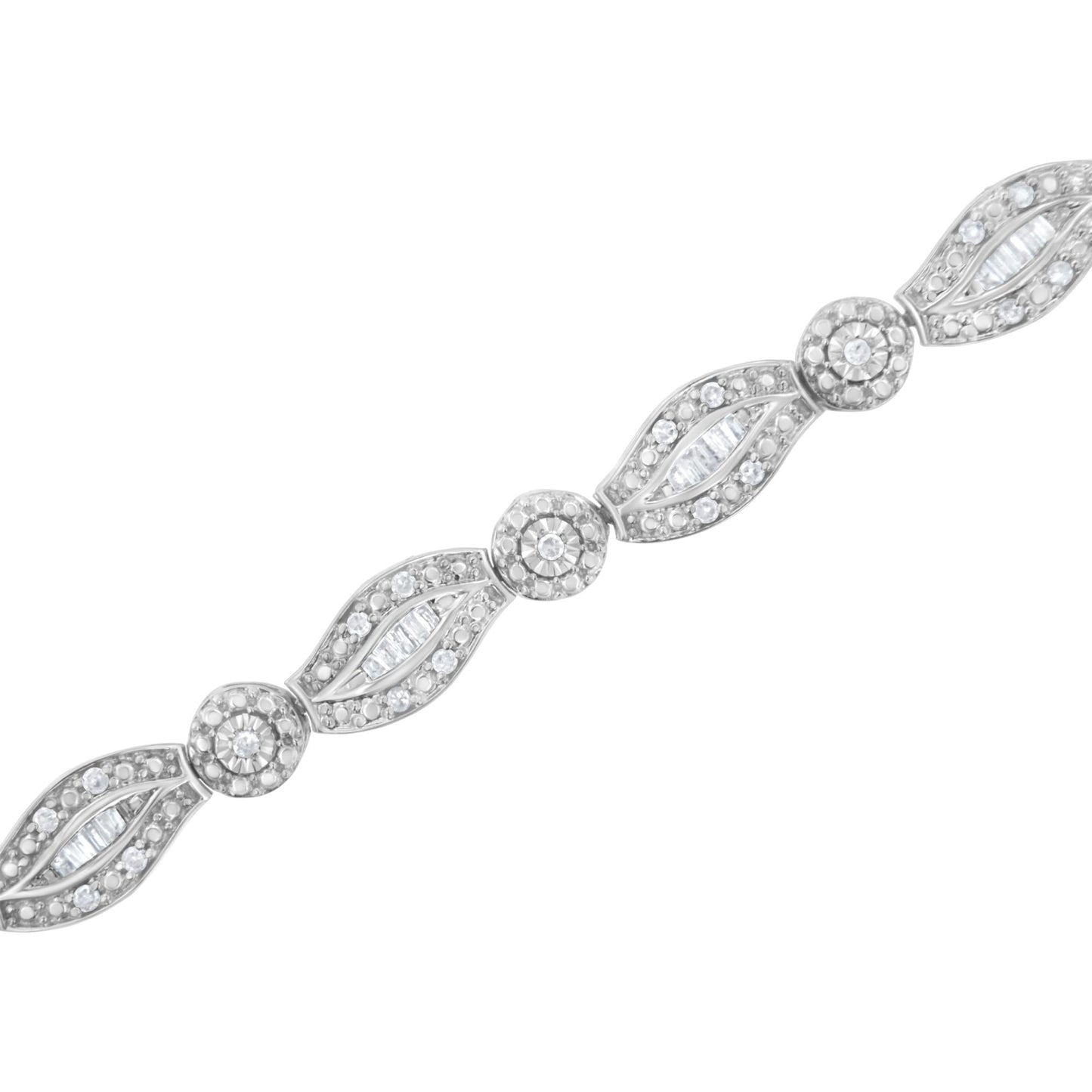 .925 Sterling Silver 1 cttw Diamond Double Leaf and Bezel Link Bracelet (I-J Clarity, I2-I3 Color) - Size 7.25"