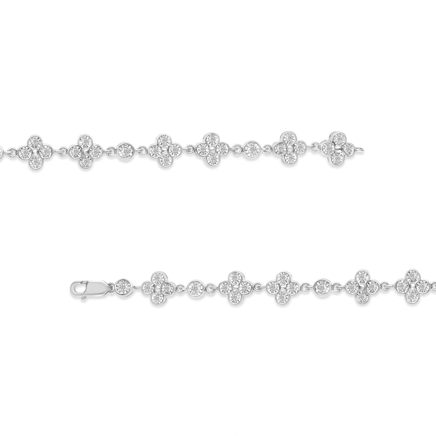 .925 Sterling Silver 1.0 Cttw Miracle-Set Diamond 4 Leaf and Solitaire Station Link Bracelet (I-J Color, I3 Clarity) - 7.25"