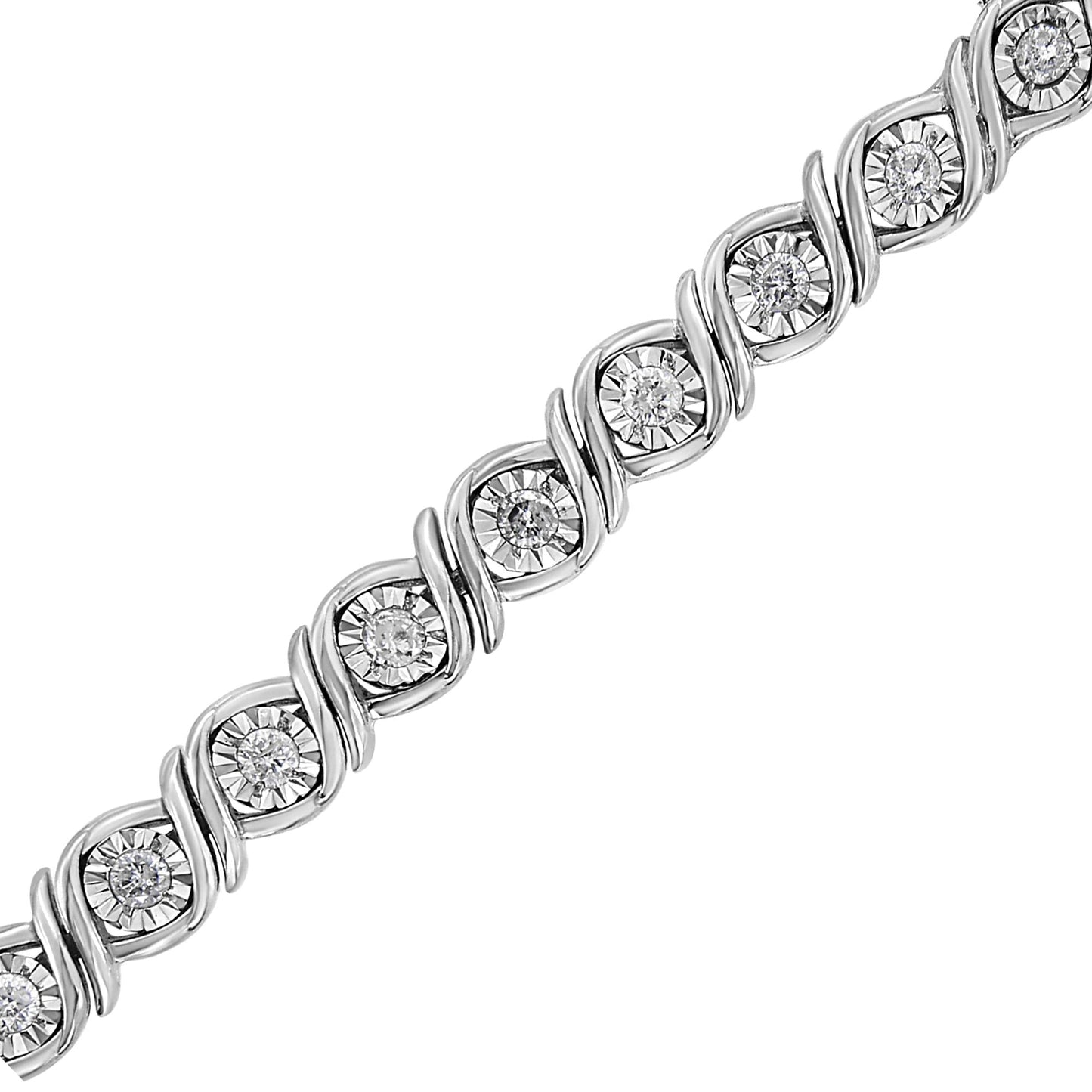 .925 Sterling Silver 1.0 Cttw Round Diamond Miracle Plate and "S" Link Tennis Bracelet (I-J Color, I3 Clarity) - 7"