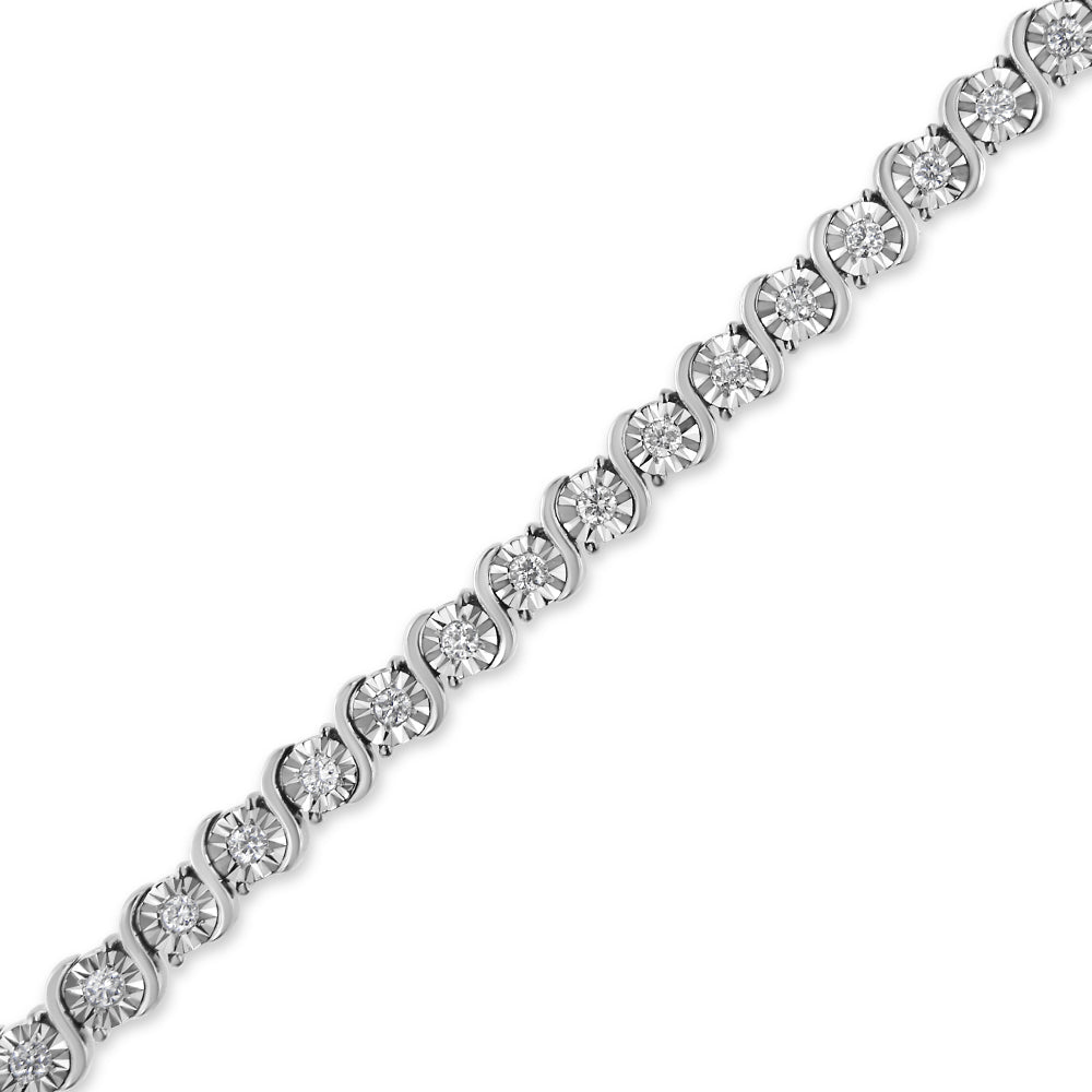 14K White Gold 1.00 Cttw Lab Grown Diamond Round Miracle Plate and "S" Link Tennis Bracelet (F-G Color, VS2-SI1 Clarity) Size 7"