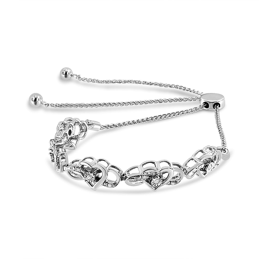 .925 Sterling Silver Miracle Set Diamond Accented Infinity Hearts 6”-9” Adjustable Bolo Bracelet (H-I Color, I2-I3 Clarity)