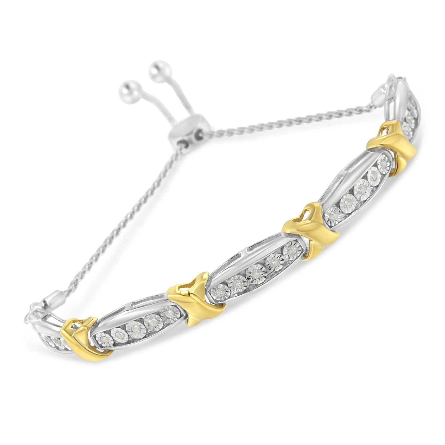 .925 Sterling Silver 1/4 Cttw Round-Cut Diamond X & Tapered Bar Miracle-Set Bolo Bracelet (I-J Color, I3 Clarity) - Two Tone Yellow Gold & Silver