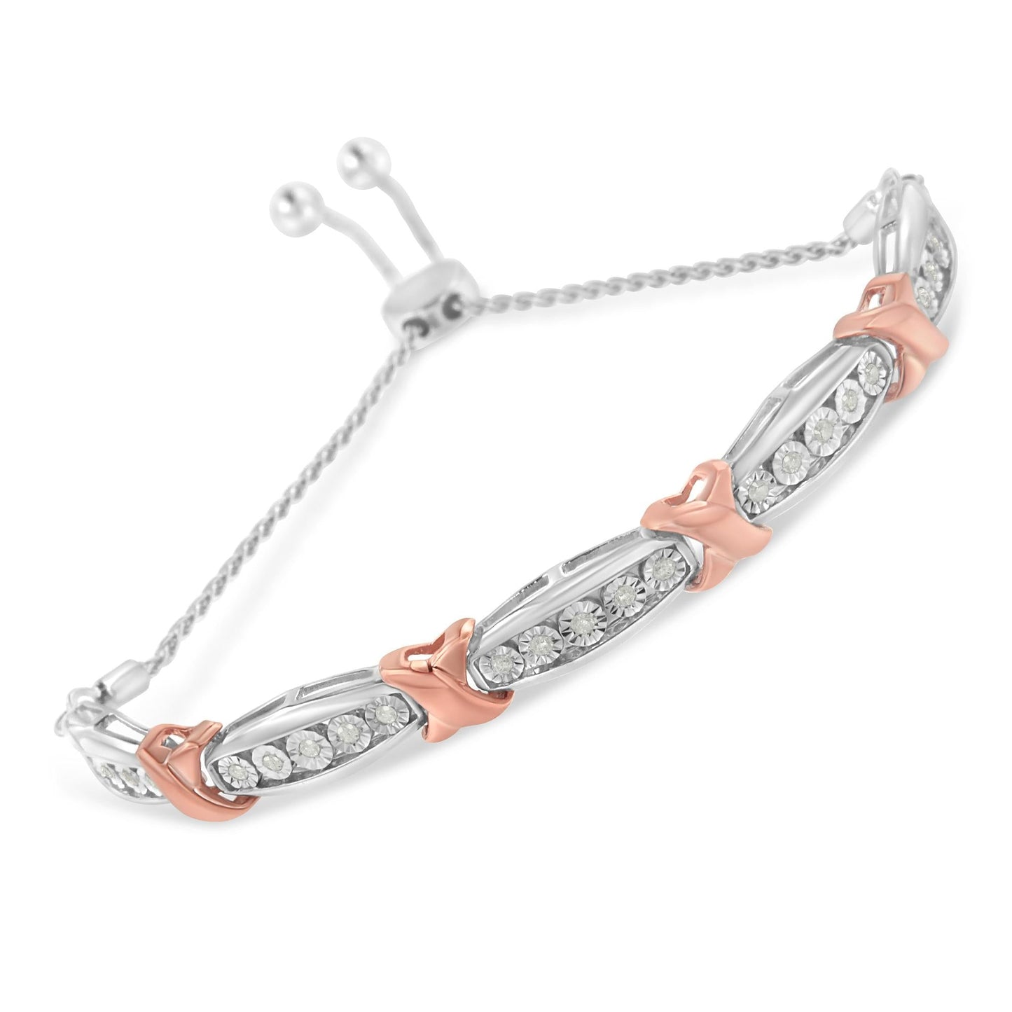 .925 Sterling Silver 1/4 Cttw Round-Cut Diamond X & Tapered Bar Miracle-Set Bolo Bracelet (I-J Color, I3 Clarity) - Two Tone Rose Gold & Silver