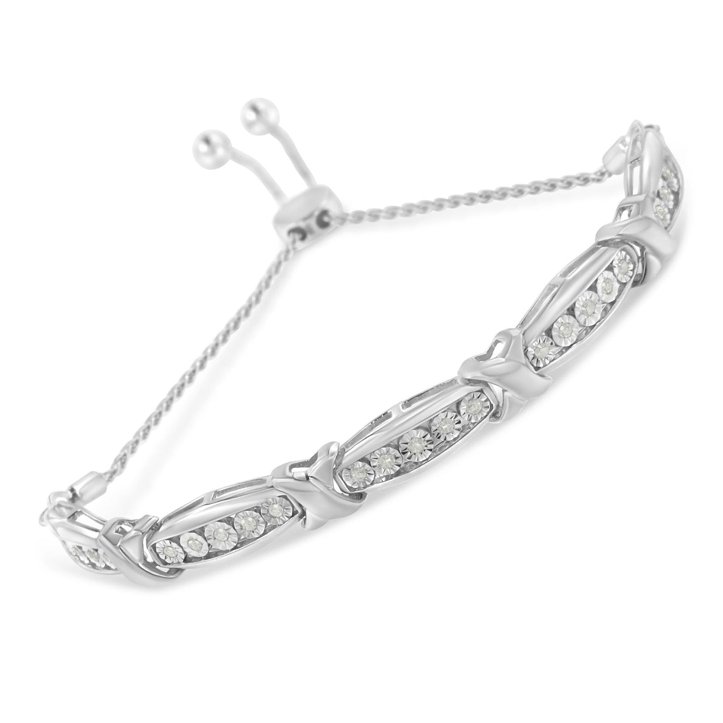 Round-Cut Diamond X & Tapered Bar Miracle-Set Bolo Bracelet (I-J Color, I3 Clarity) - .925 Sterling Silver