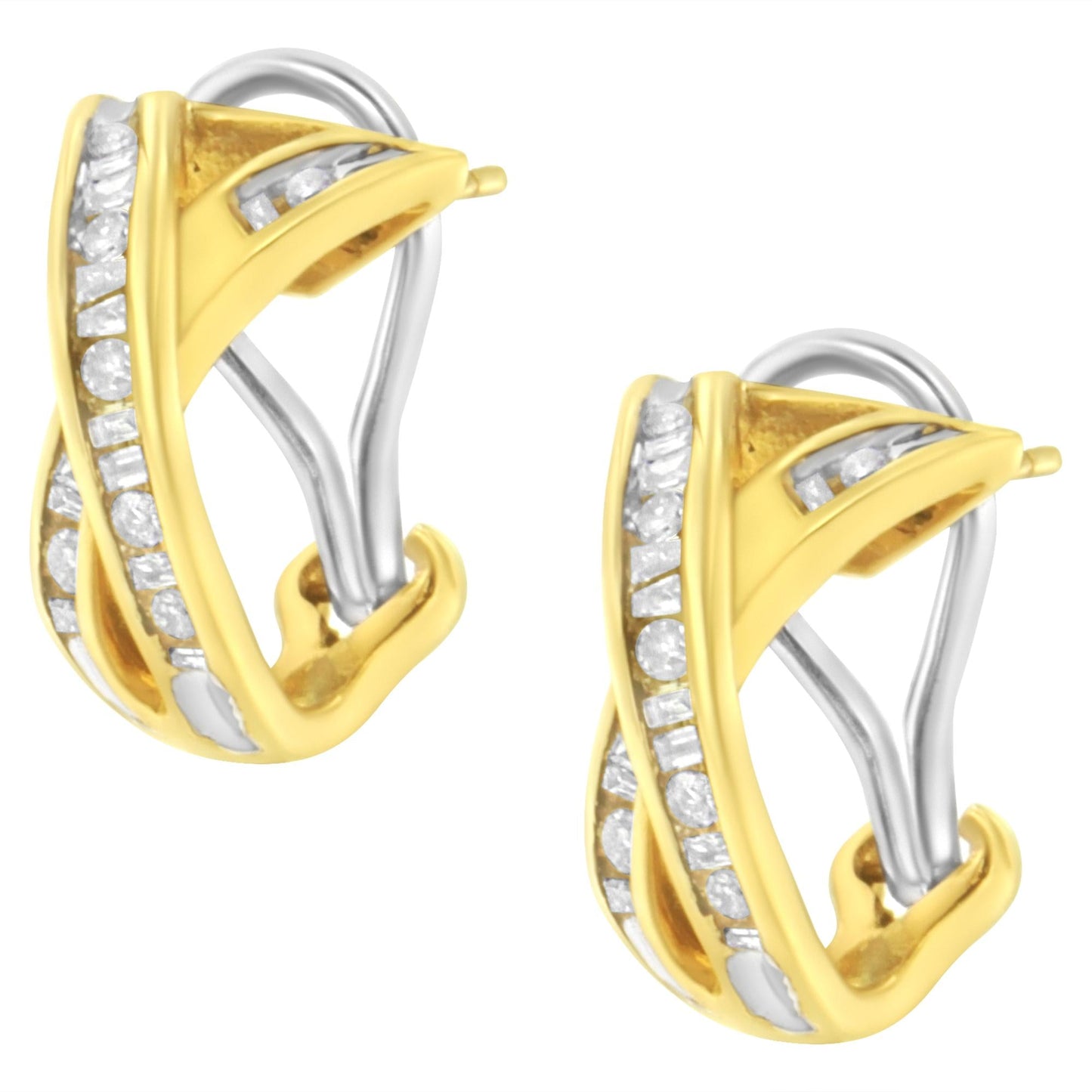 14K Yellow and White Gold 1/2 TDW "X" Shape Cross Over Diamond Hoop Earrings (I-J, I2-I3)