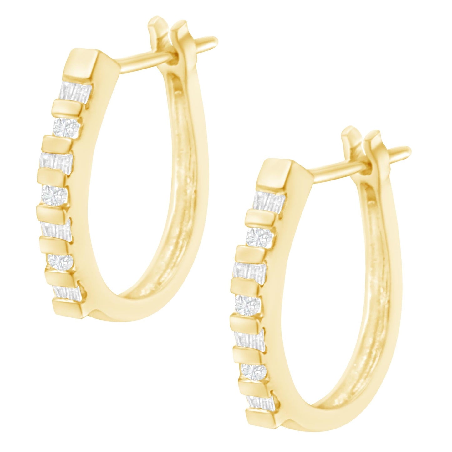 10K Yellow Gold Round and Baguette Cut Diamond Oblong Hinged Leverback Hoop Earrings (¼ Cttw, I-J Color, I2-I3 Clarity)