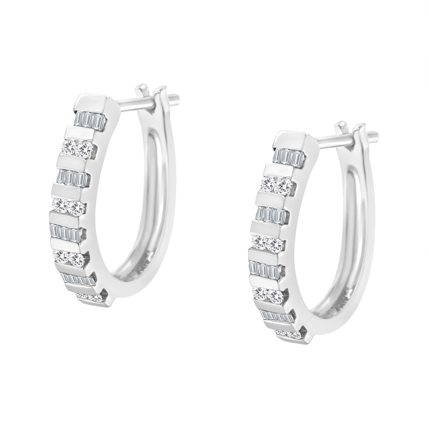 10K Gold Round and Baguette-Cut Diamond Hoop Earrings (I-J Color, I2-I3 Clarity)