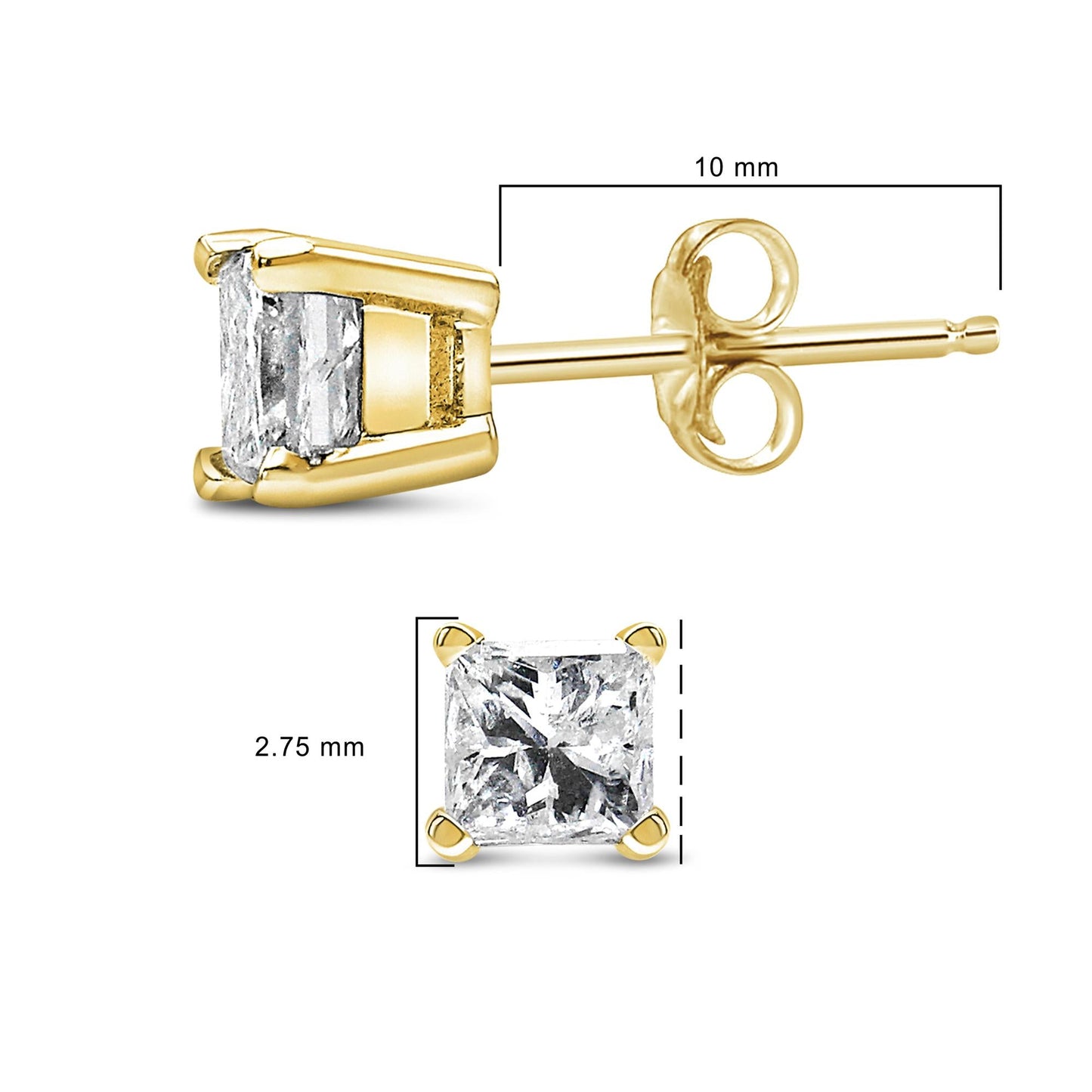 AGS Certified 14k Yellow Gold 1/4 Cttw 4-Prong Set Princess-Cut Solitaire Diamond Push Back Stud Earrings (H-I Color, SI1-SI2 Clarity)