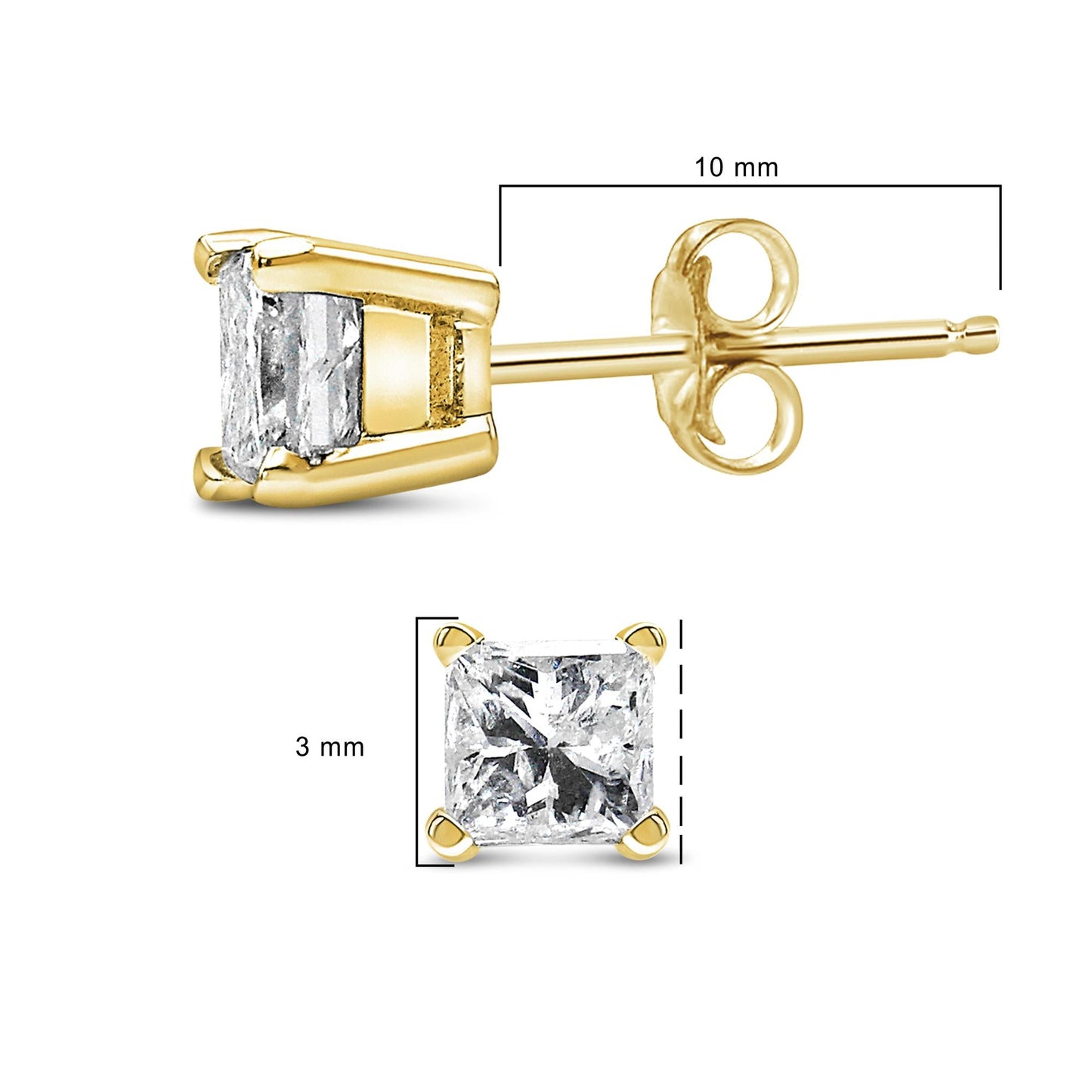 IGI Certified 14k Yellow Gold 1/3 Cttw 4-Prong Set Princess-Cut Solitaire Diamond Push Back Stud Earrings (Q-R Color, I1-I2 Clarity)