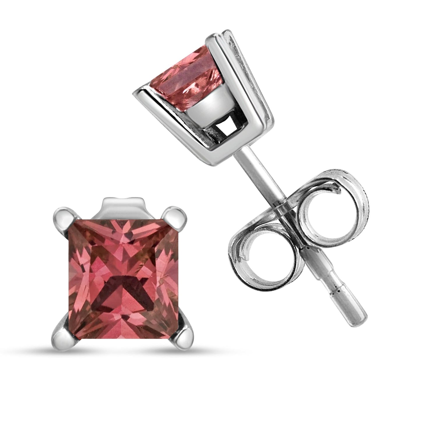 14K White Gold 4 Prong Set Lab Grown Pink Princess Diamond Solitaire Stud Earrings (Pink Color, VS2-SI1 Clarity)