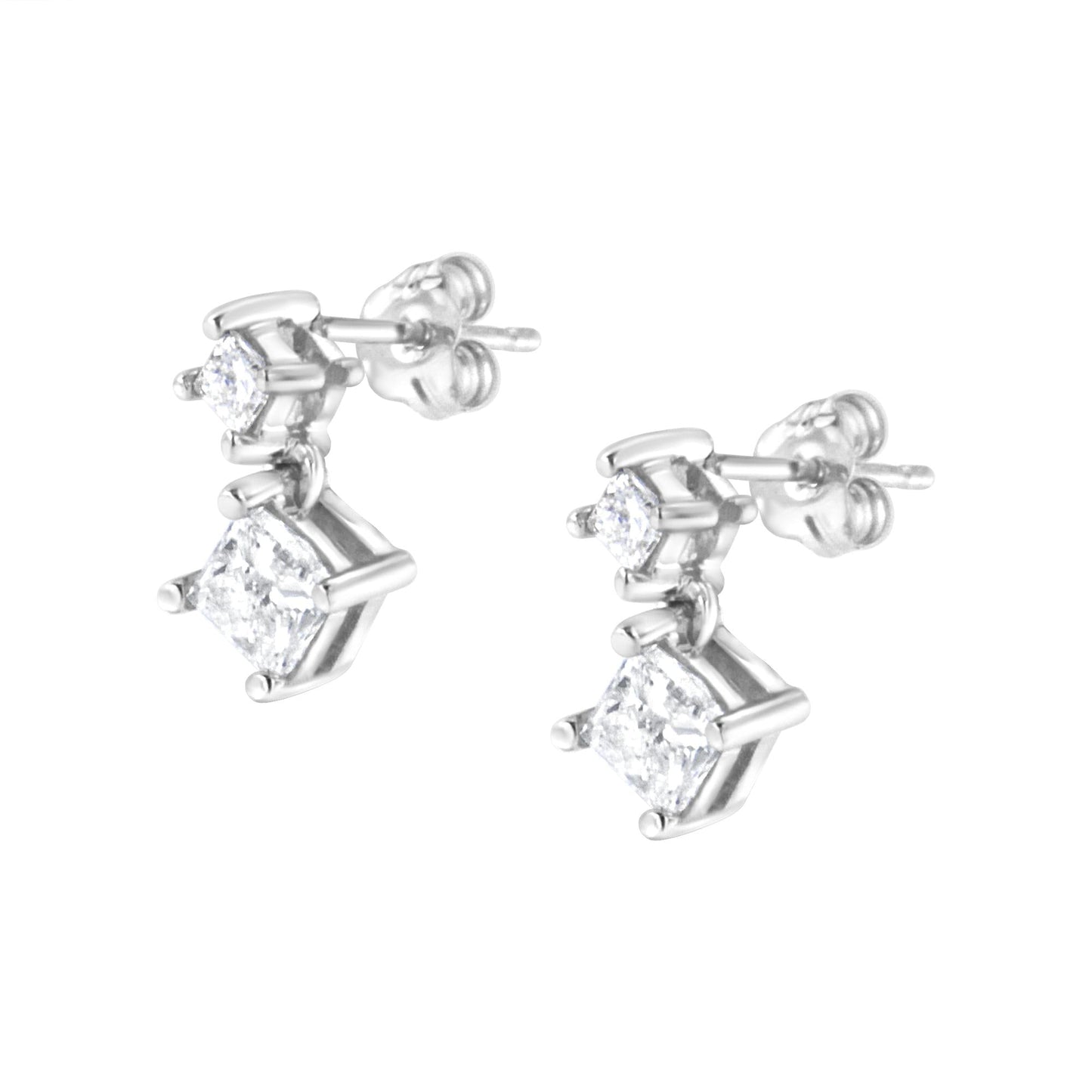 14K White Gold 1.0 Cttw Princess-Cut Double Diamond Drop Stud Earrings  for Women (H-I Color, I1-I2 Clarity)